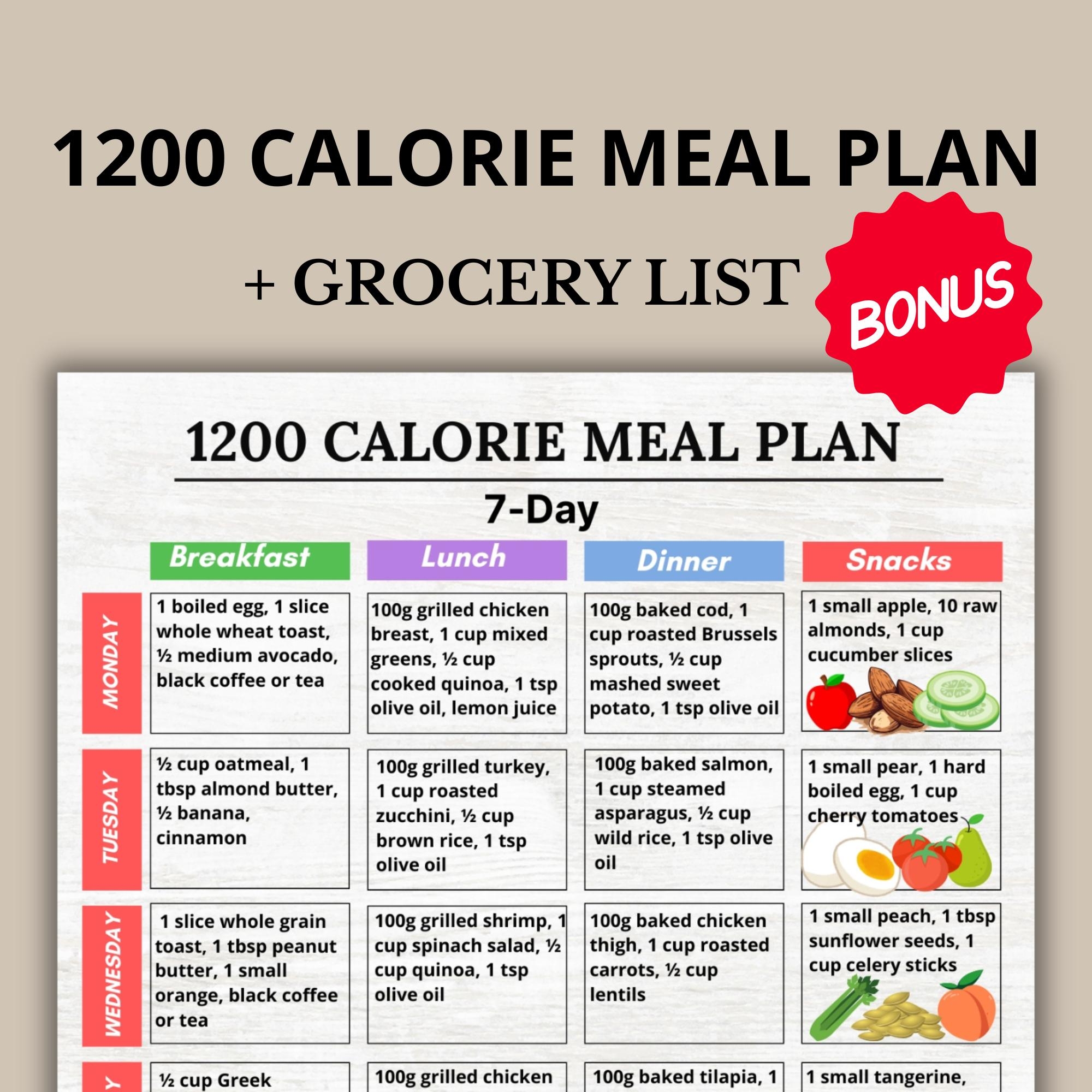 1200 Calorie Meal Plan PDF Weekly Food Planner Grocery List digital Download Etsy