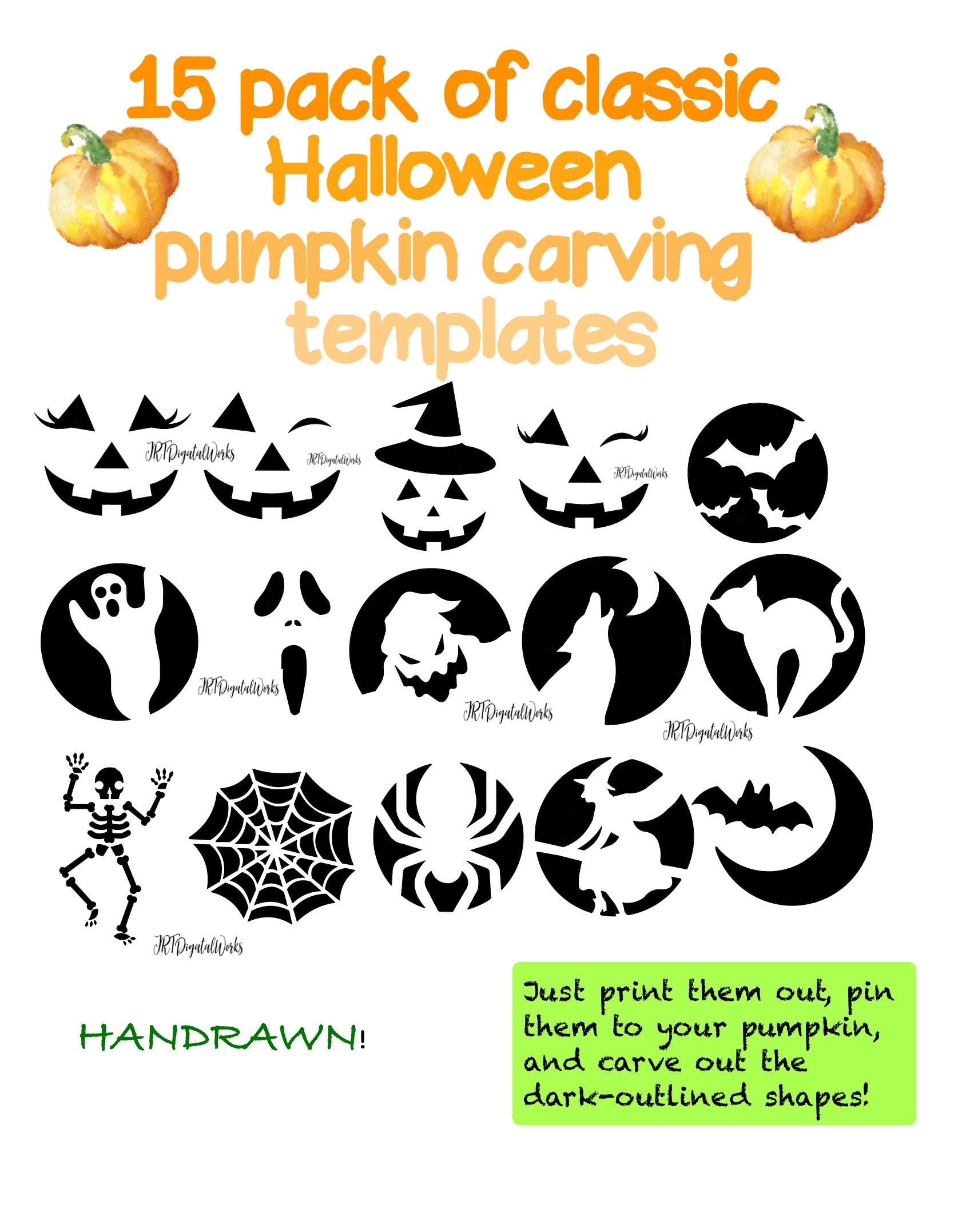 15 HANDRAWN Digital Printable Pumpkin Carving Stencils Templates