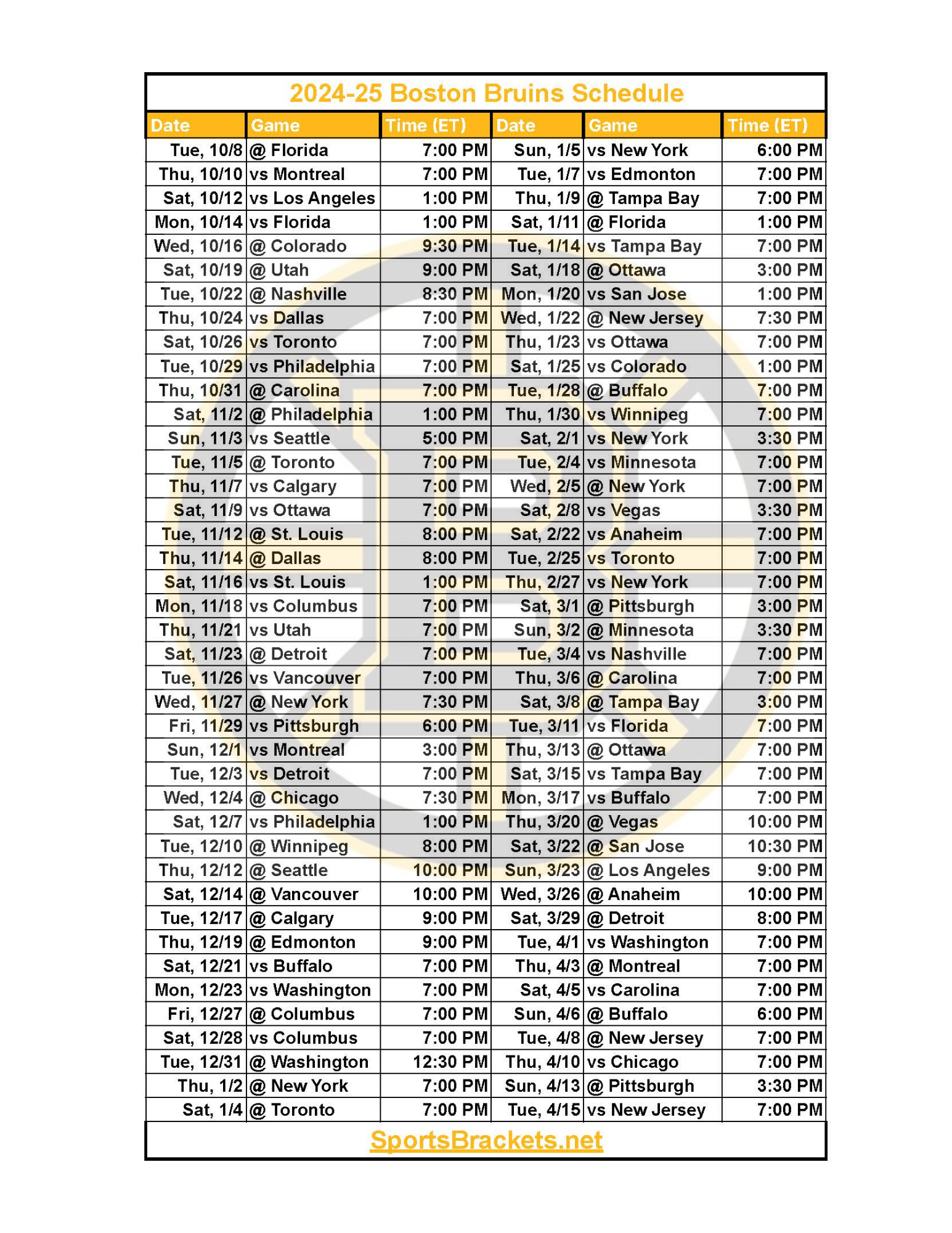 2024 25 Boston Bruins Schedule Printable PDF Format Sports 