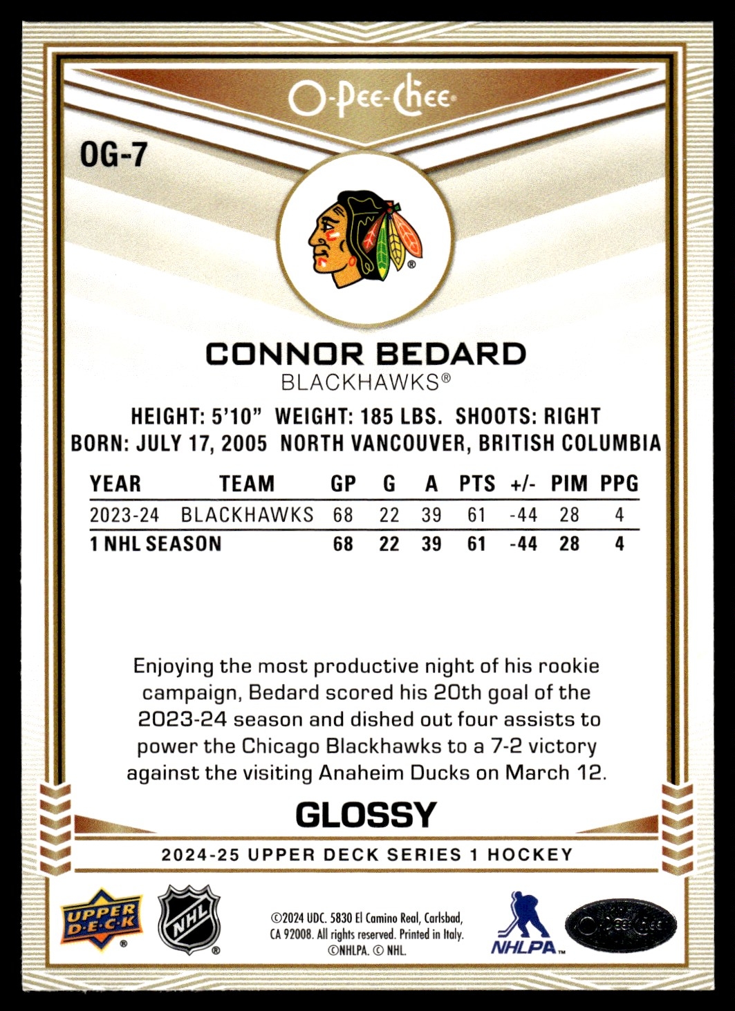 2024 25 UPPER DECK O PEE CHEE GLOSSY CONNOR BEDARD CHICAGO 