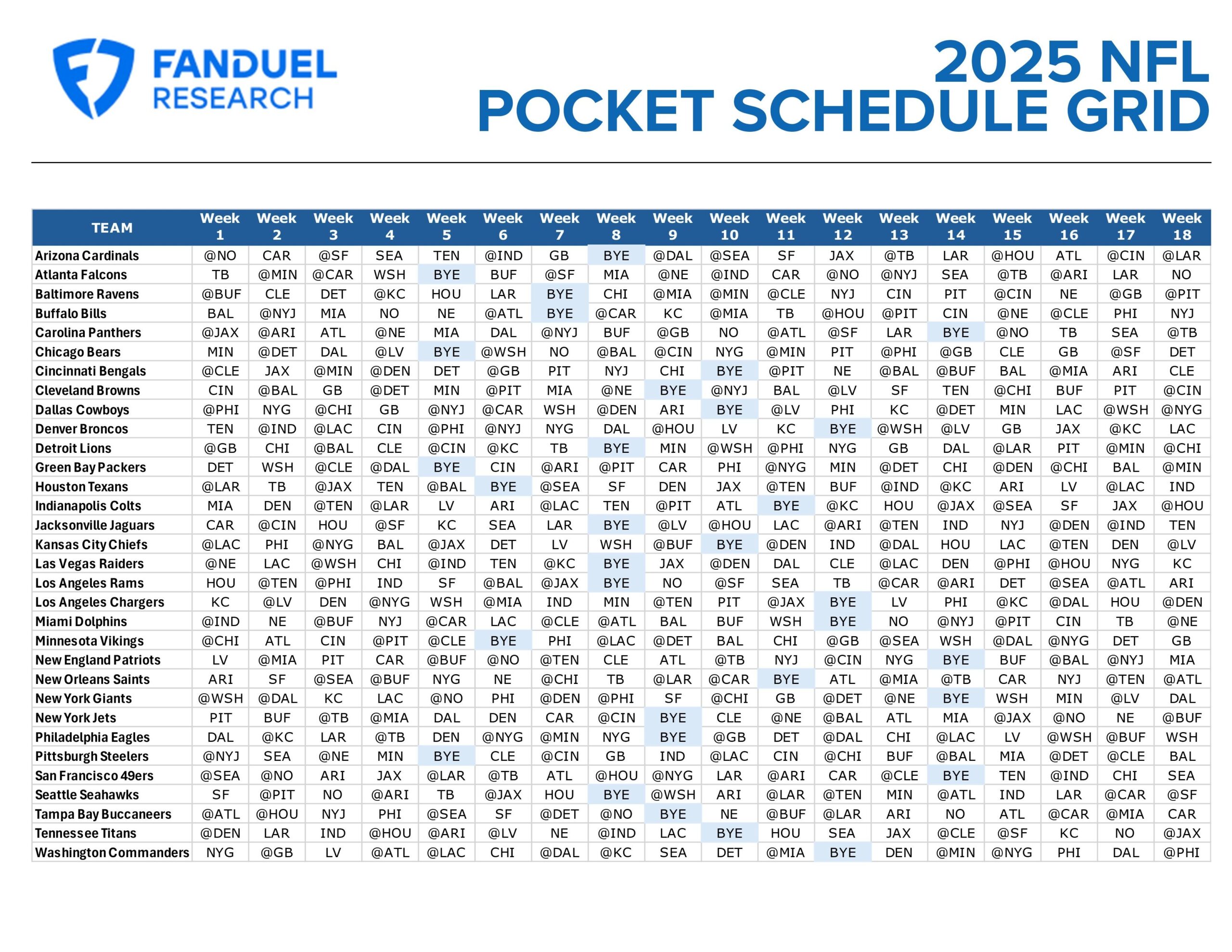 2025 NFL Free Printable Pocket Schedule Grid Every Team s 