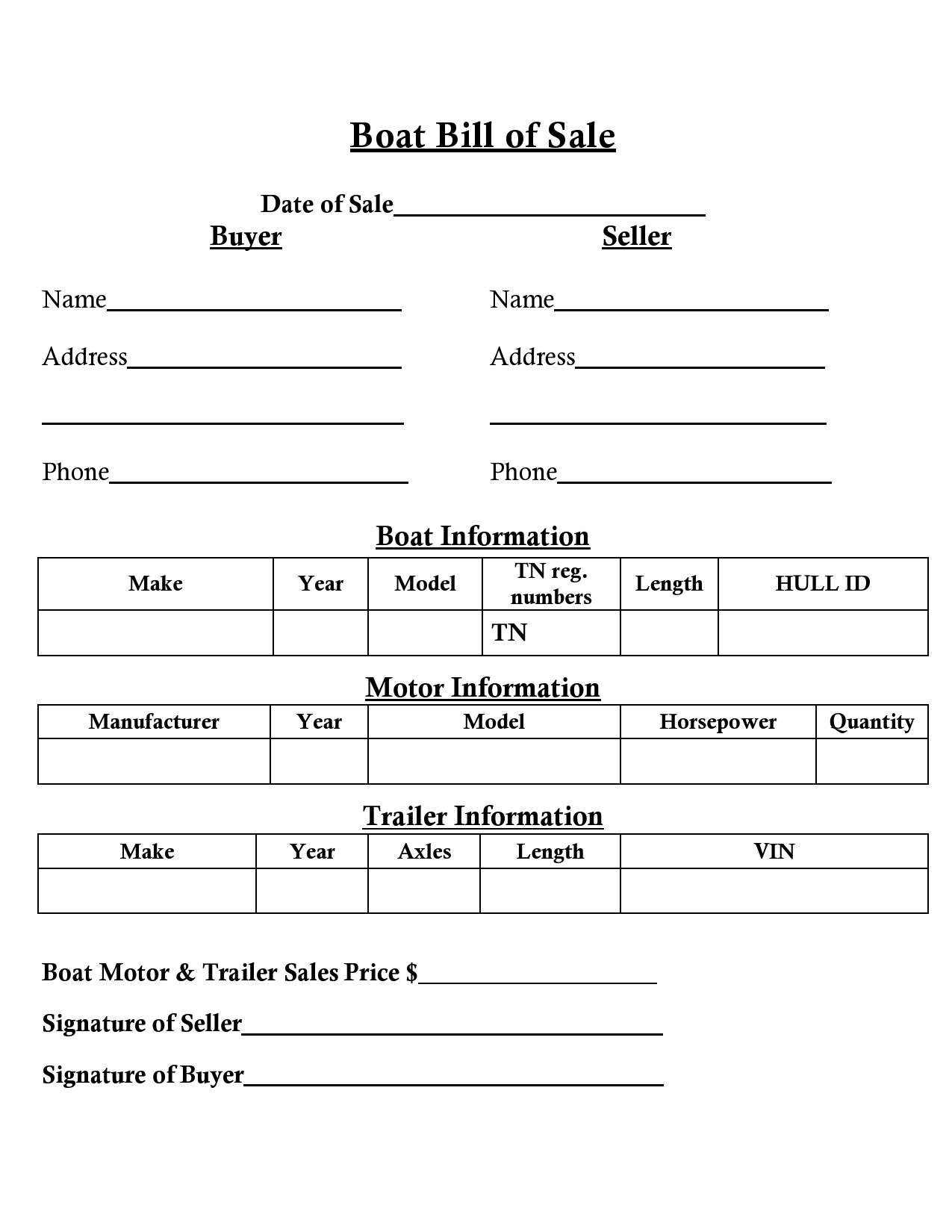 boat bill of sale form free printable