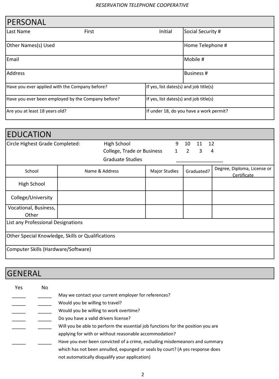 free printable generic employment application
