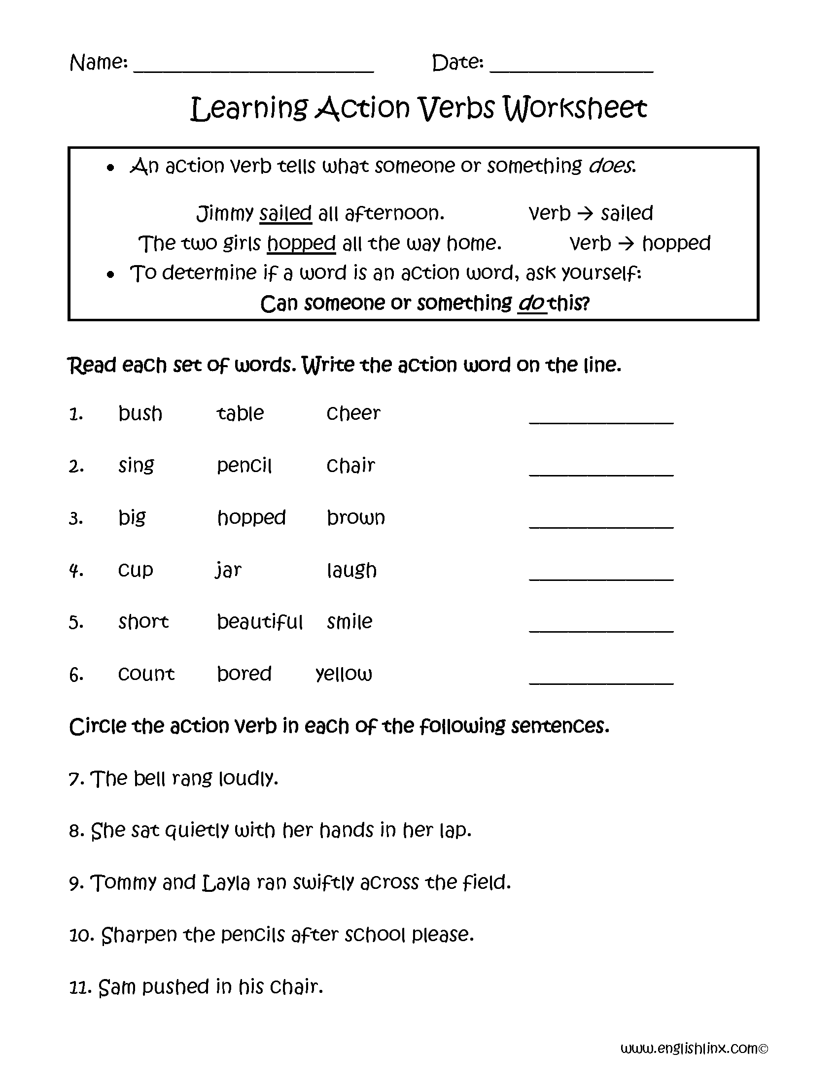 Action Verbs Worksheets Learning Action Verbs Worksheets