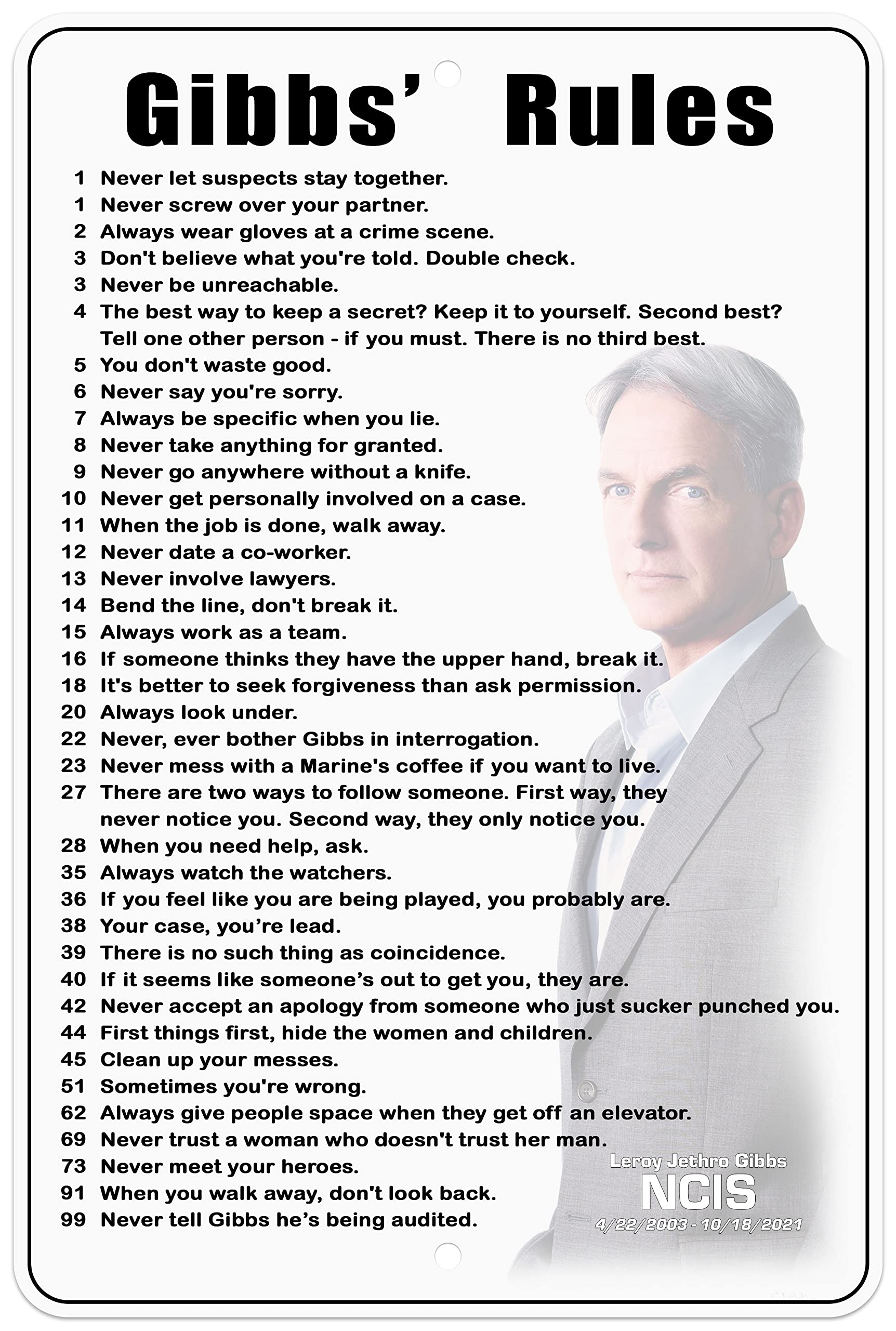 Amazon Tribute Edition Gibbs Rules 8x12 Heavy duty Aluminum Sign All 38 Rules Patio Lawn U0026 Garden