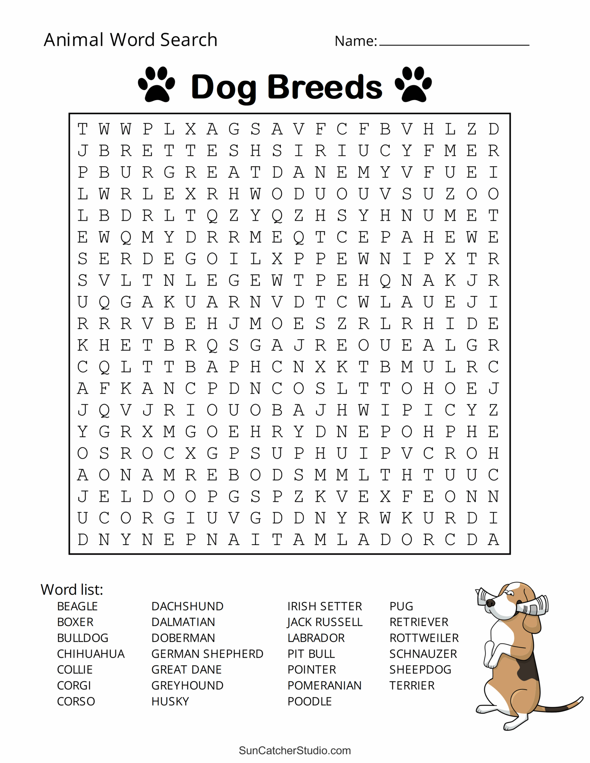 Animal Word Search Free Printable Dog Pet Dinosaur Puzzles 