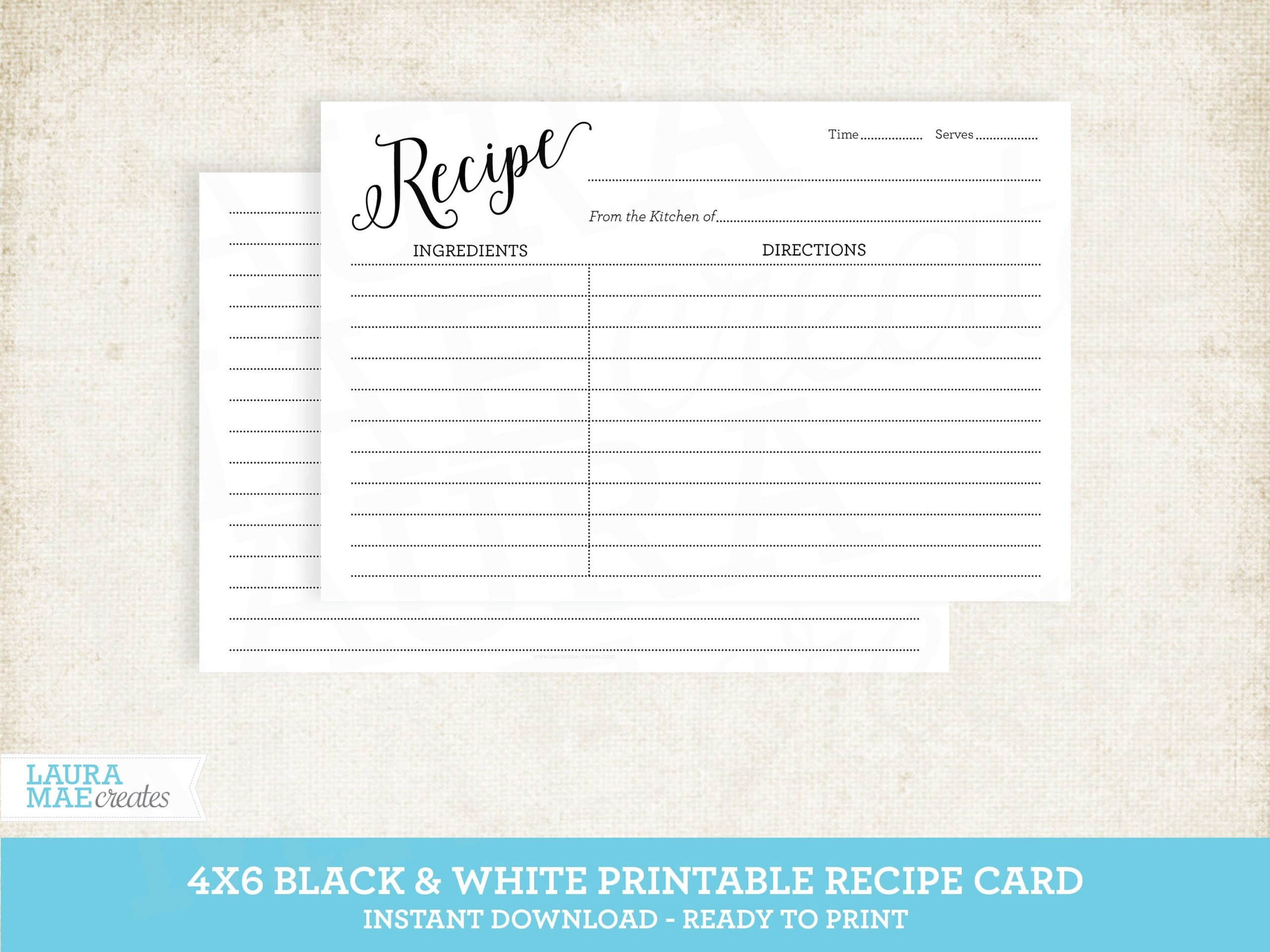 Black U0026 White 4x6 Printable Recipe Card Editable Recipe Card 