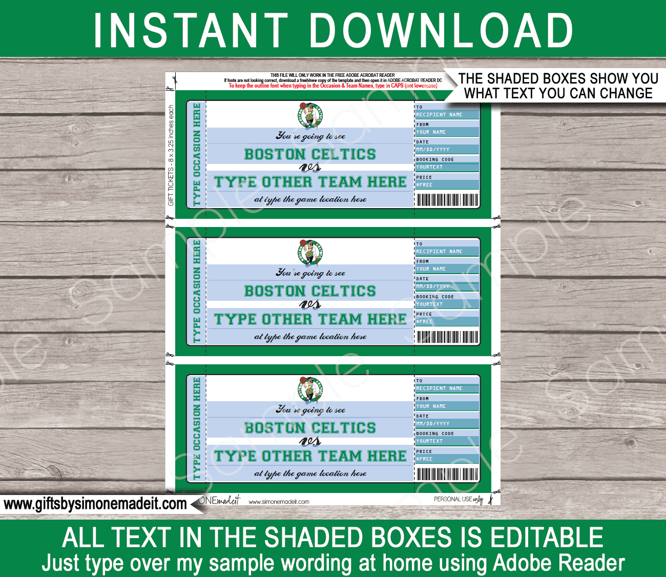 Boston Celtics Game Ticket Gift Voucher Printable Surprise NBA 