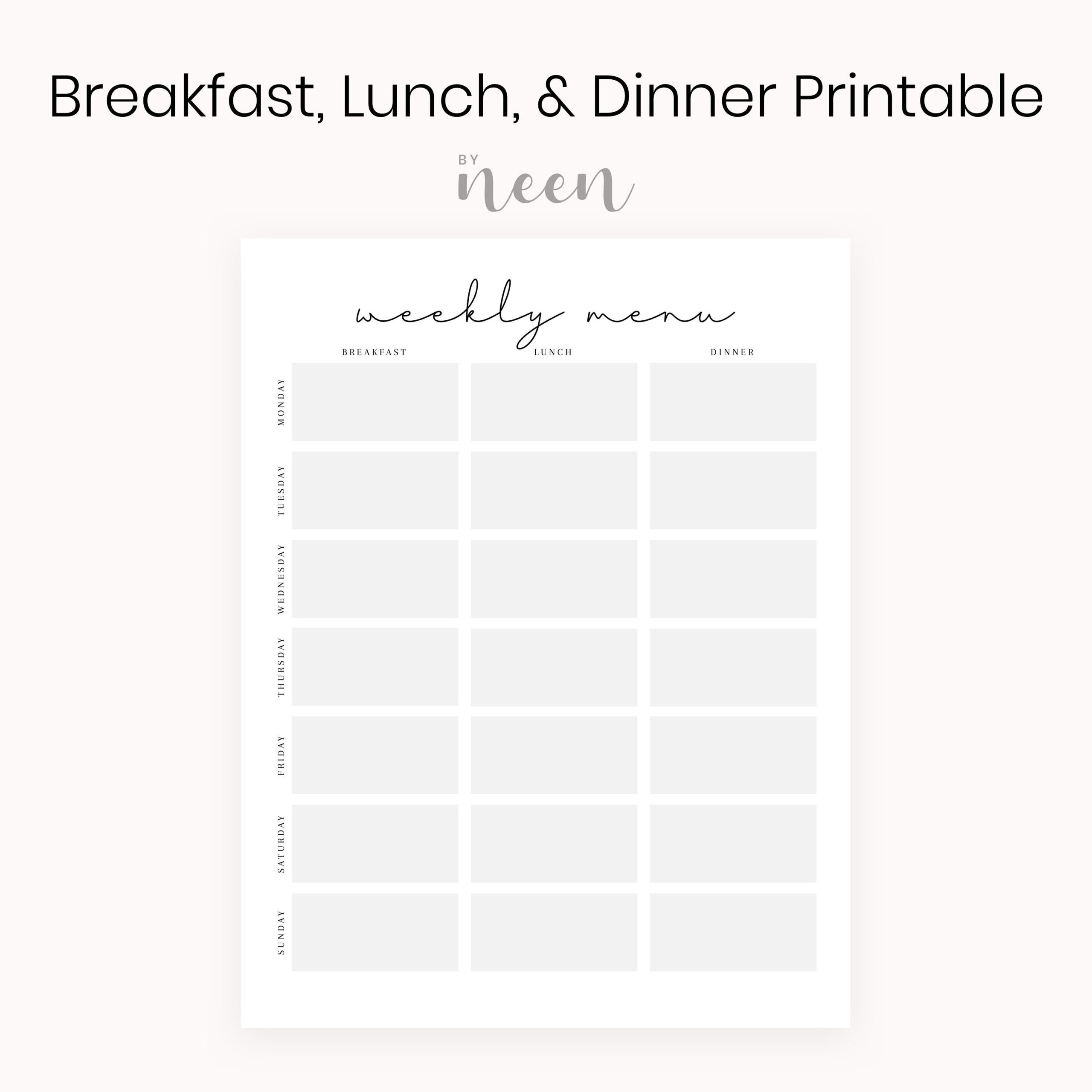 Breakfast Lunch And Dinner Menu Worksheet Printable Minimalist Menu Weekly Menu Digital Download Simple Menu Planner