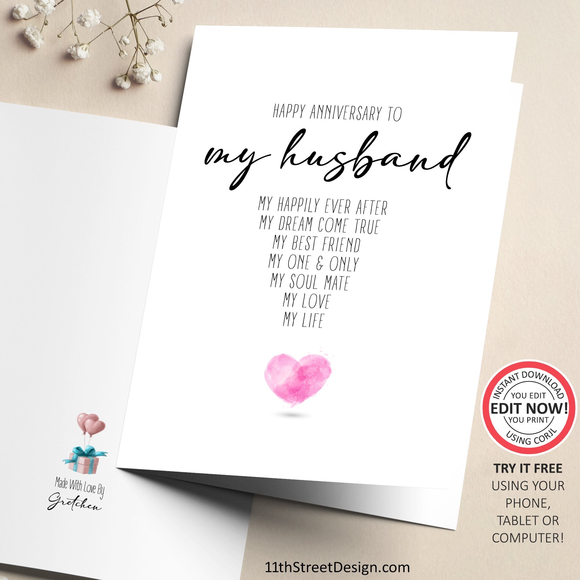 Buy Printable 1st Anniversary Card For Husband Or Wife Digital 