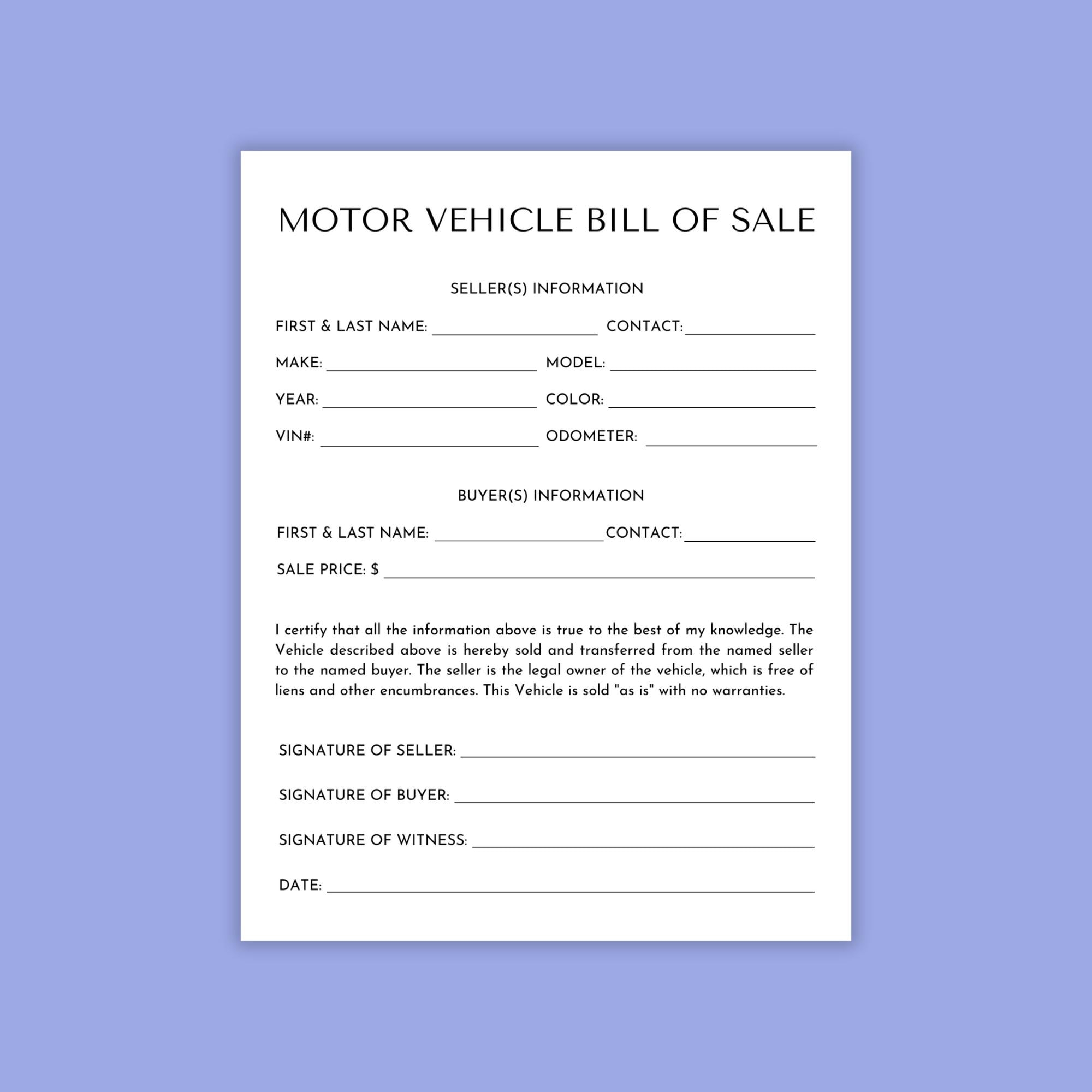 printable bill of sale for a car