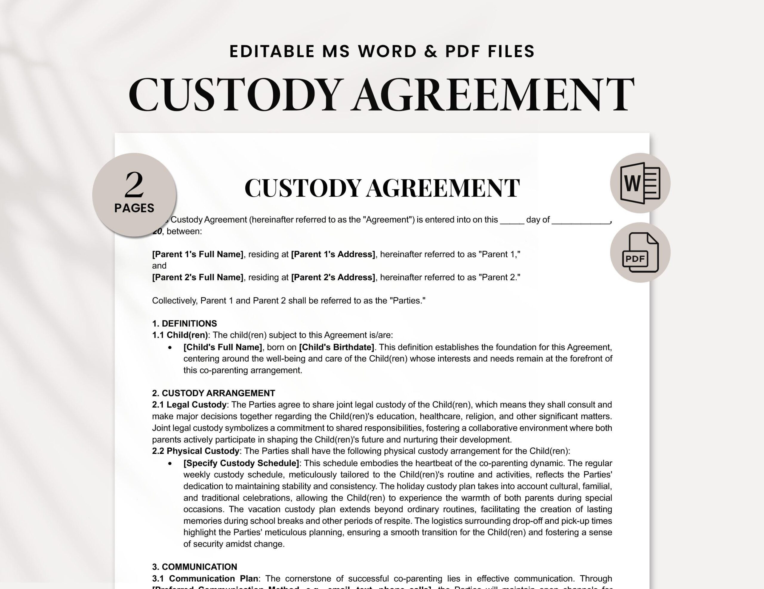 Child Custody Agreement Template Word U0026 PDF Printable 50 50 