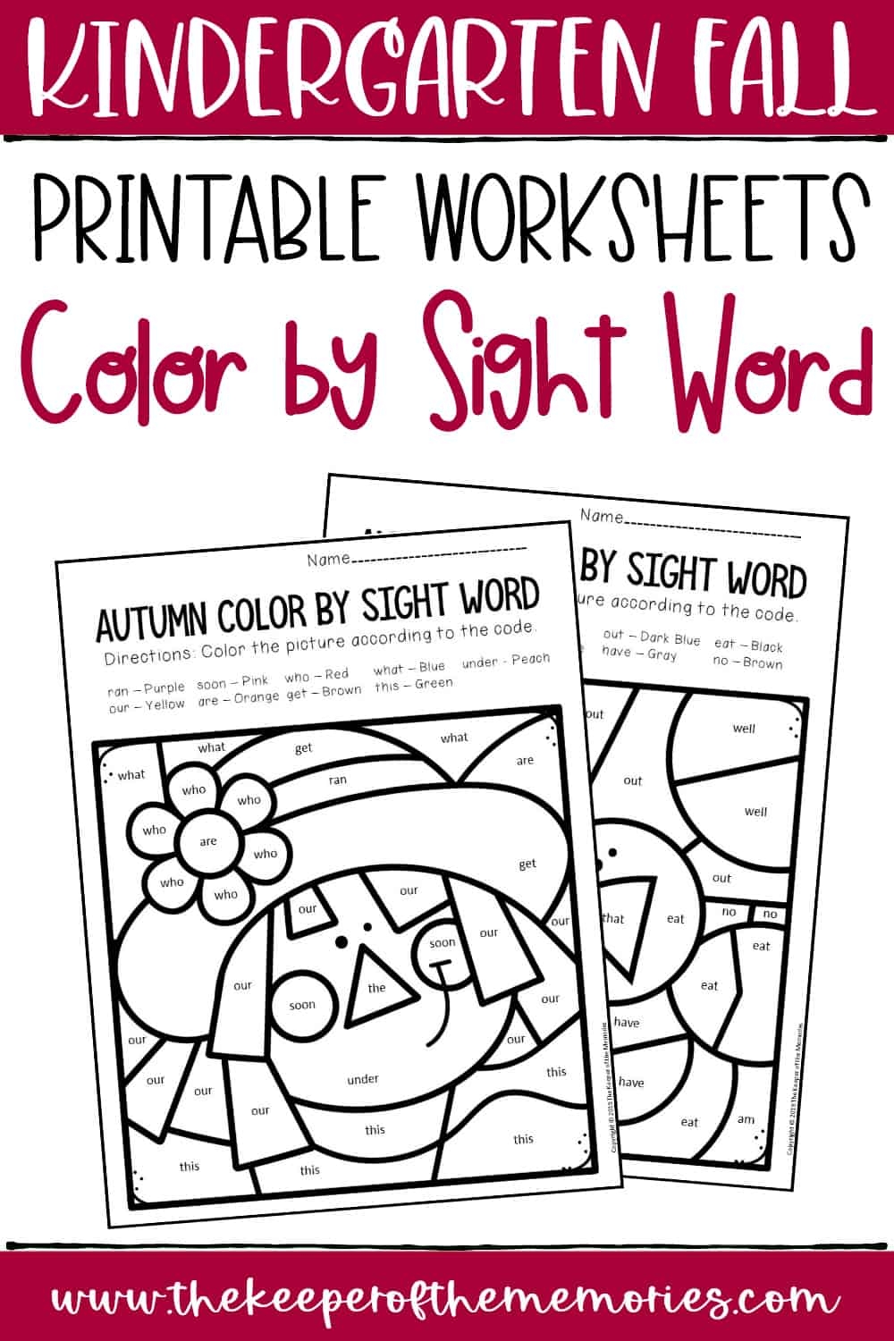 Color By Sight Word Fall Kindergarten Worksheets