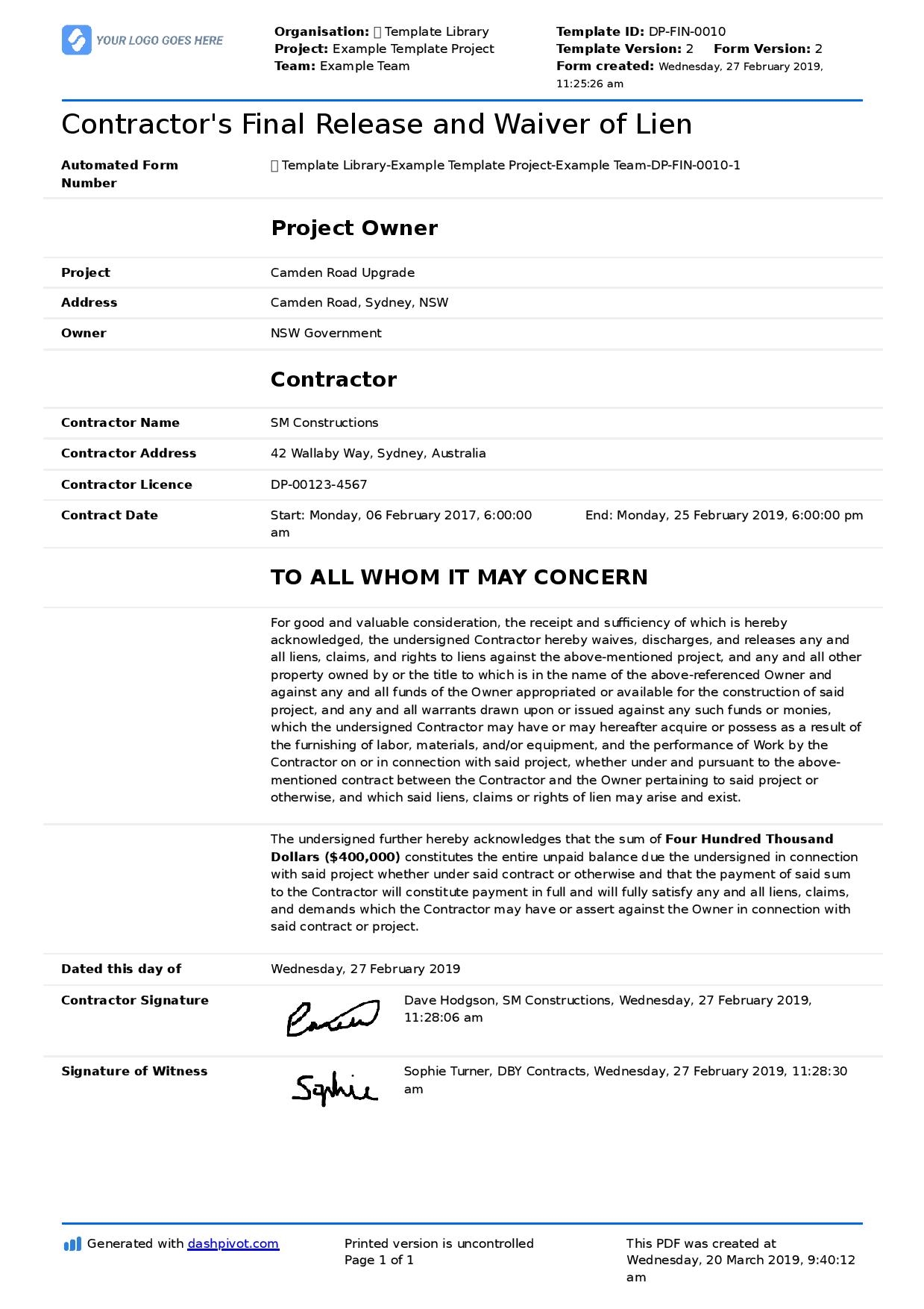 Construction Lien Waiver Form Free Form Sample And Template