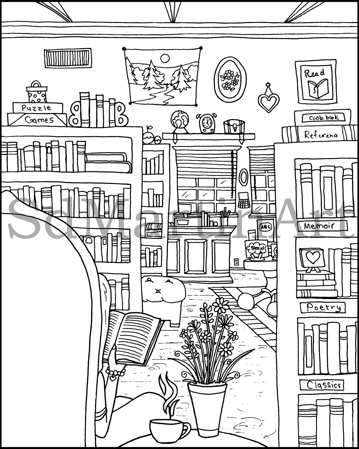Cozy Bookstore Printable Adult Coloring Book Page For Adults