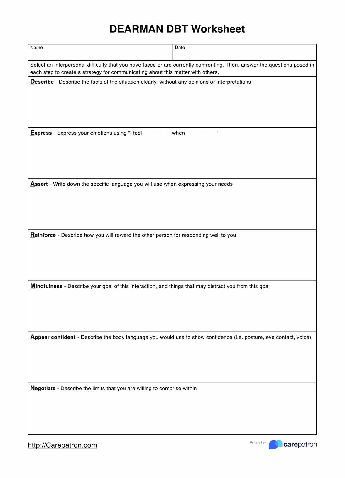 Dearman DBT Worksheets U0026 Example Free PDF Download