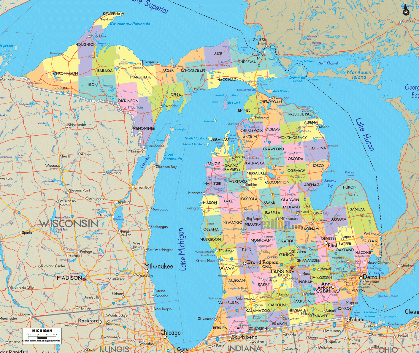 Detailed Map Of Michigan State USA Ezilon Maps