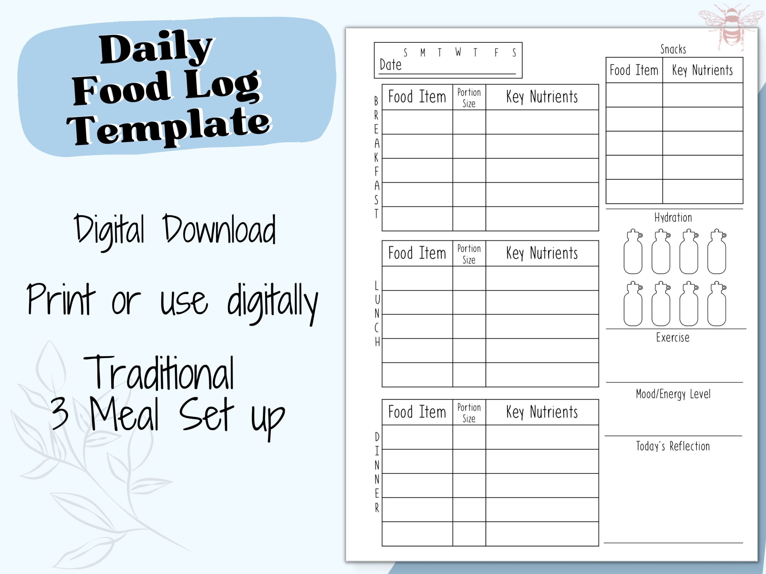 Digital Daily Food Log Template Instant Download 3 meal Nutrition 