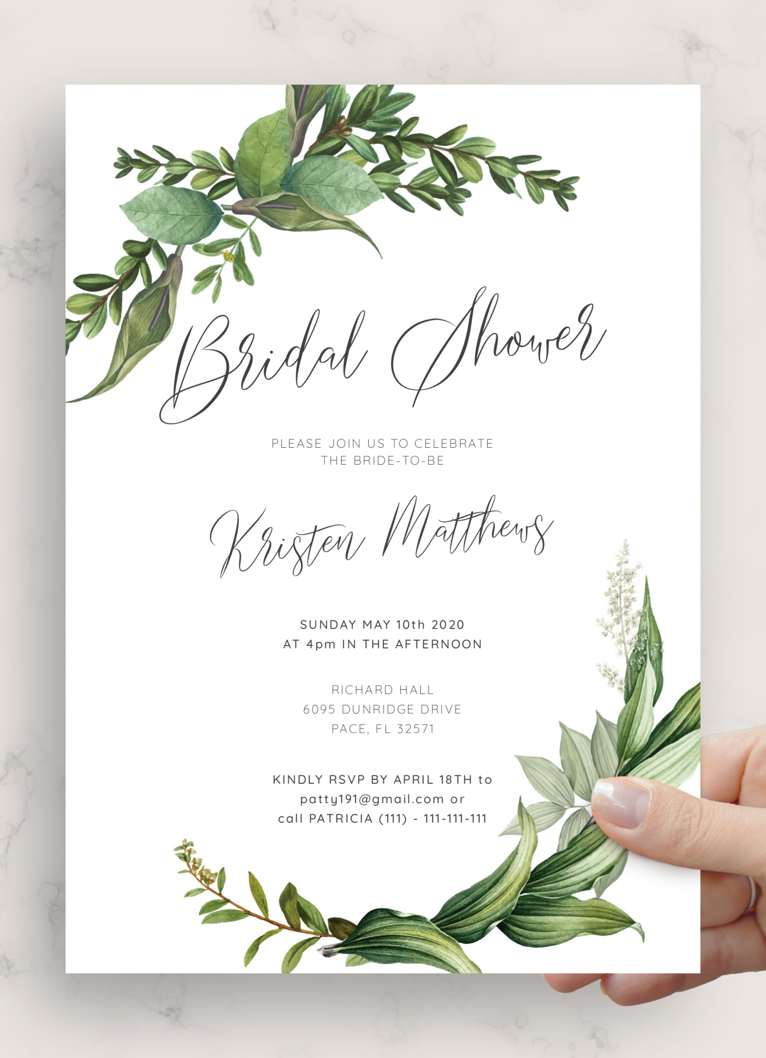 Download Printable Green Floral Bridal Shower Invitation PDF