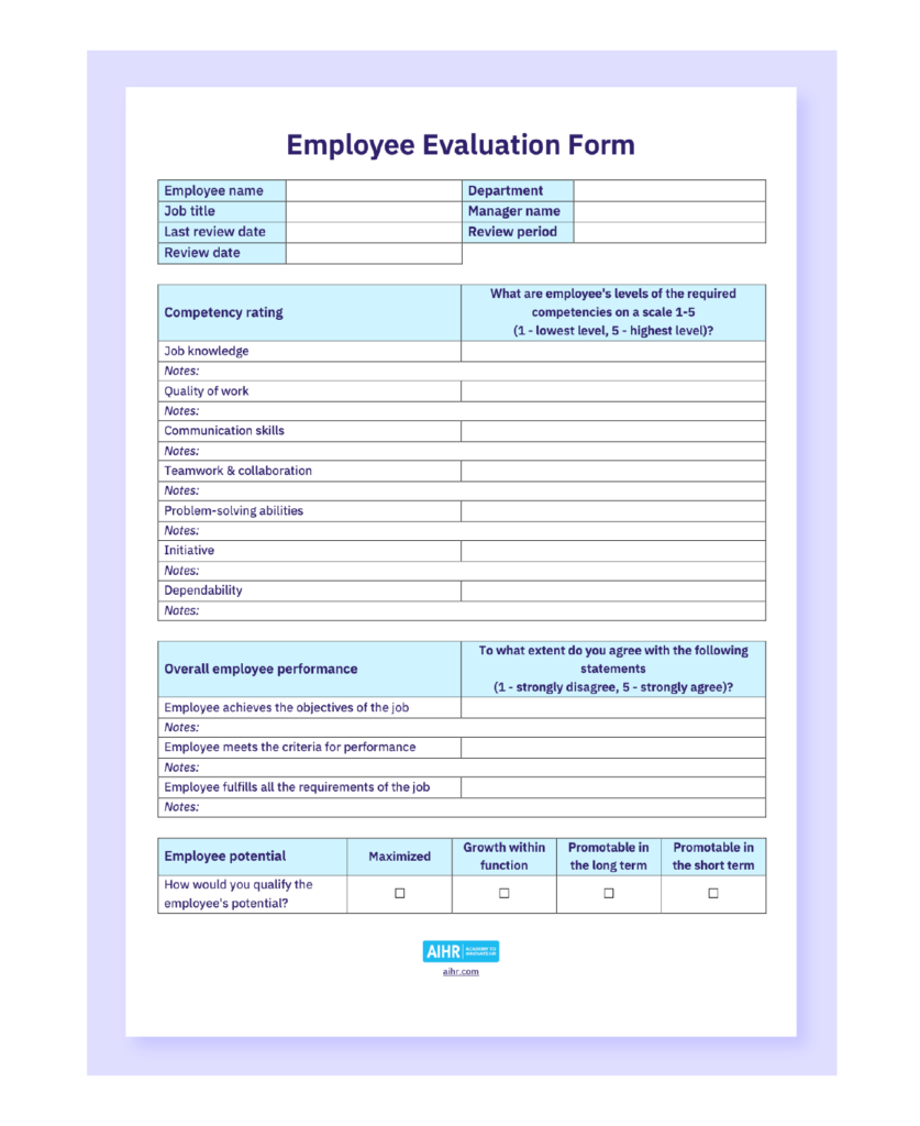 employee review template free printable