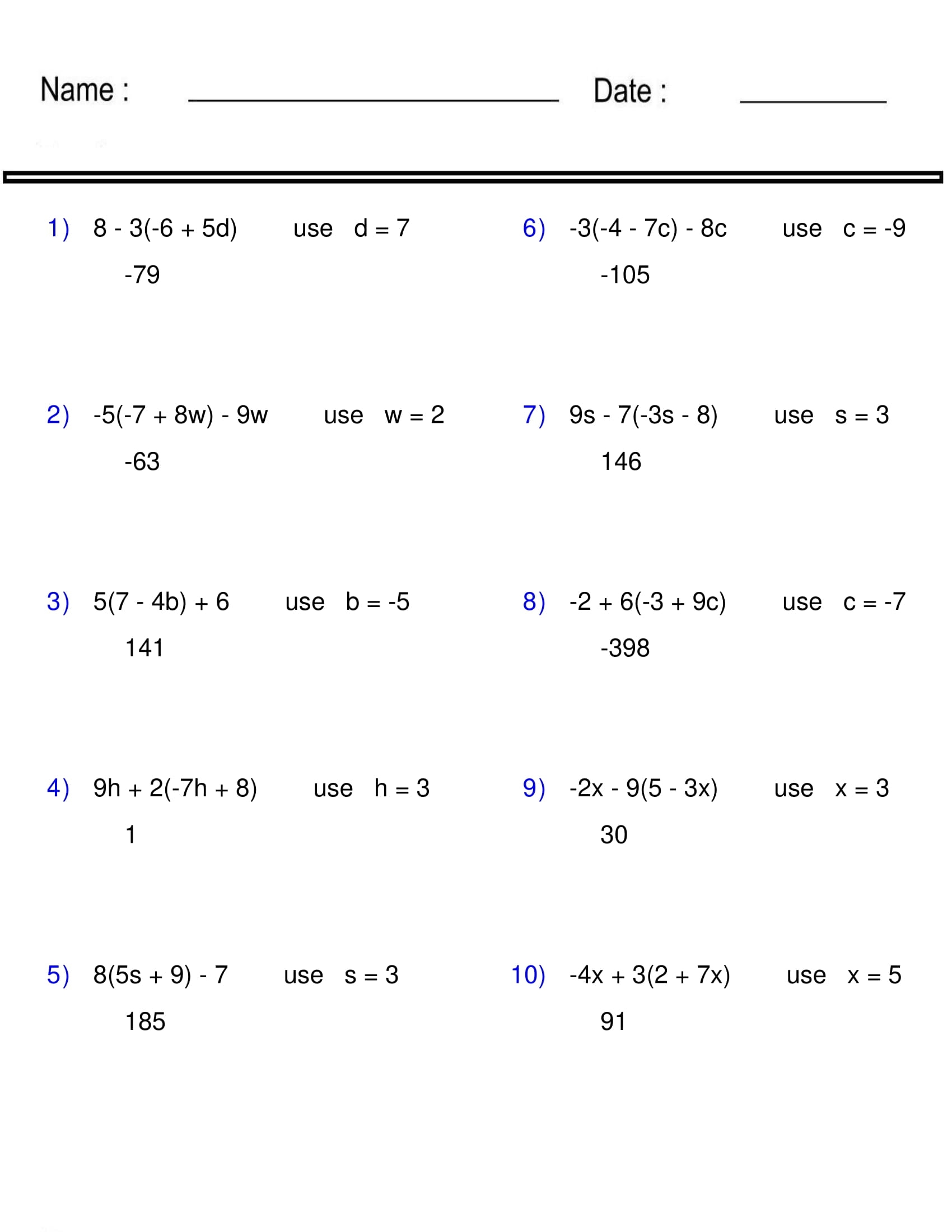 free printable algebra worksheets