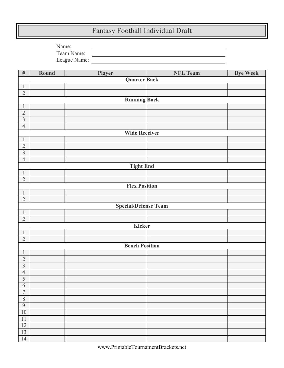 Fantasy Football Individual Draft Template Download Printable PDF Templateroller