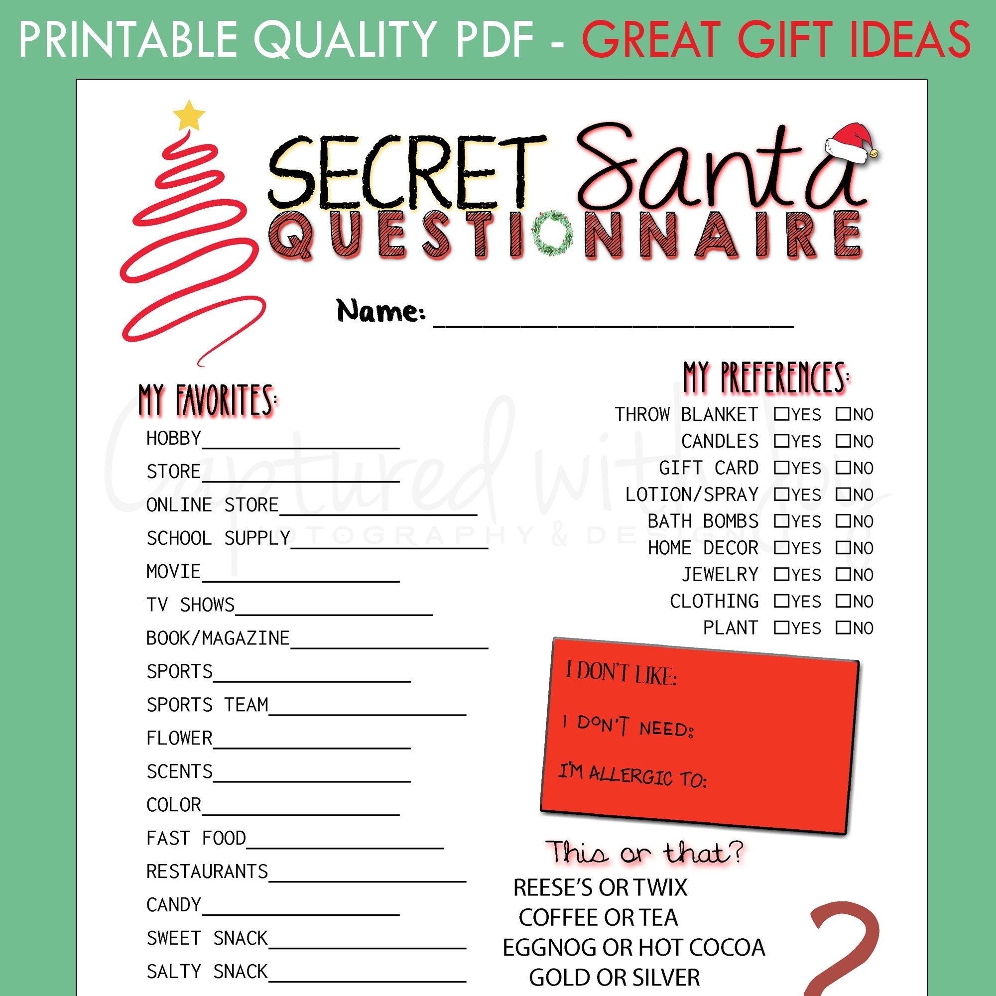 FILLABLE Printable PDF Secret Santa Questionnaire For Gift 