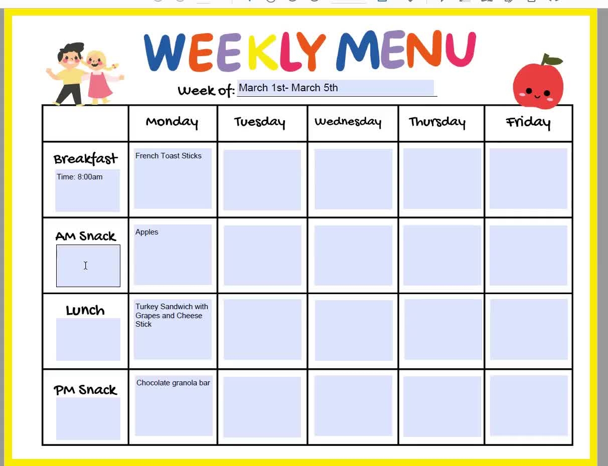 Fillable Weekly Daycare Menu Editable Home Daycare Meal Planner Preschool Menu Home School Menu Nannies Weekly Menu Template Printable