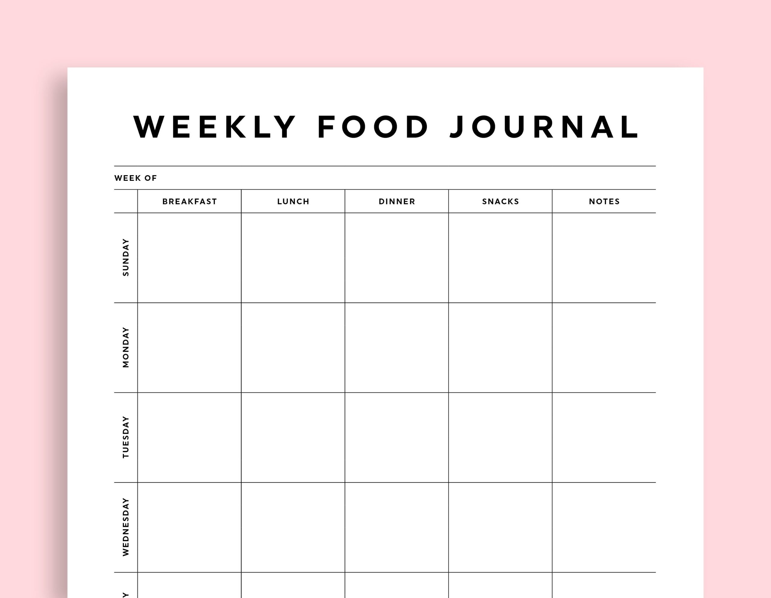 Food Journal Template Weekly Food Diary Printable Sunday monday Worksheets Library