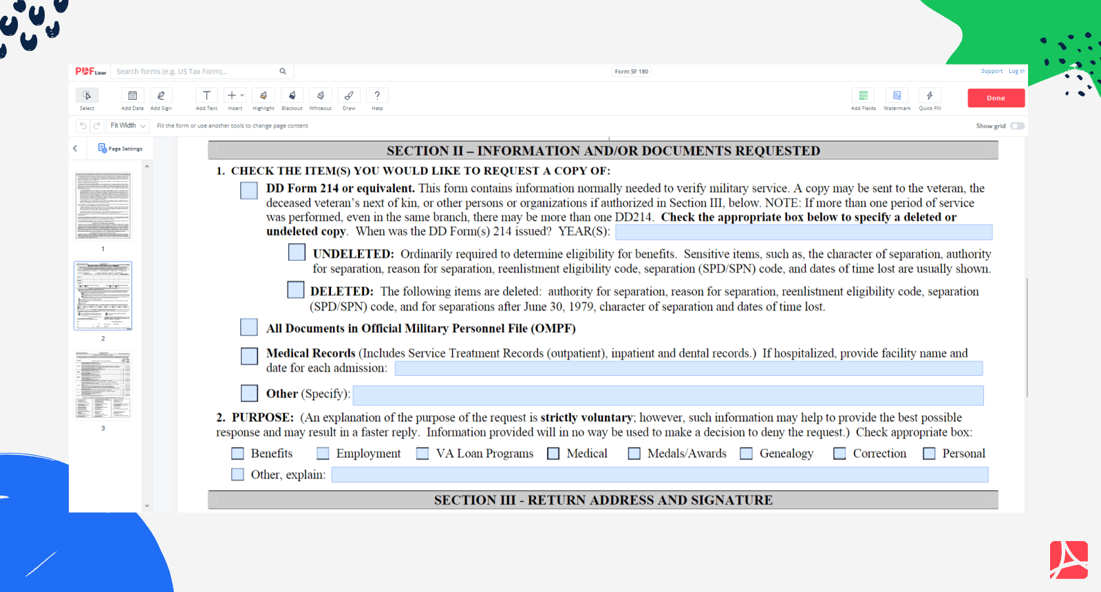 Form SF 180 Printable Form SF 180 Blank Sign Forms Online PDFliner