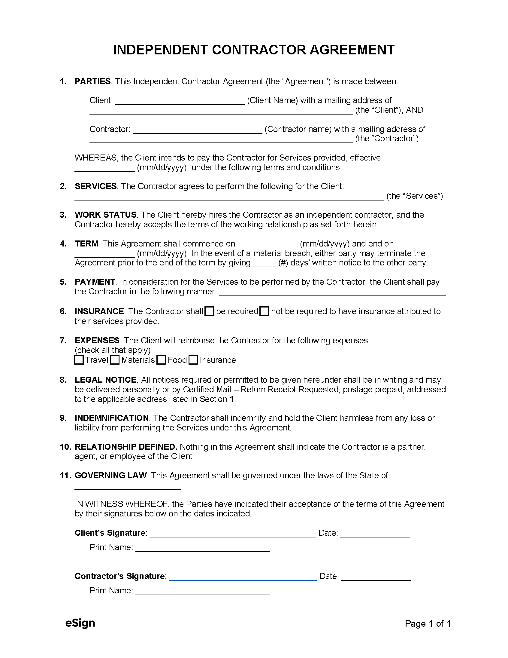 Free 1 Page Simple Independent Contractor Agreement Template