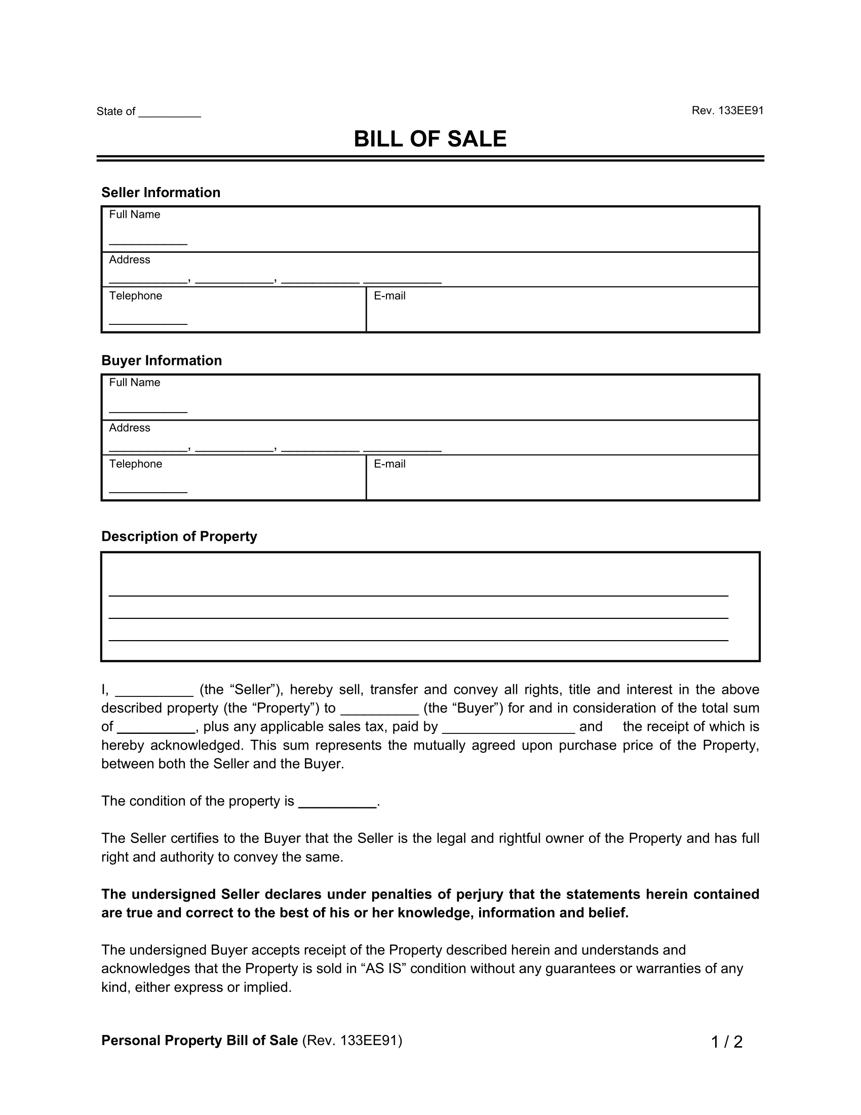 printable blank auto bill of sale