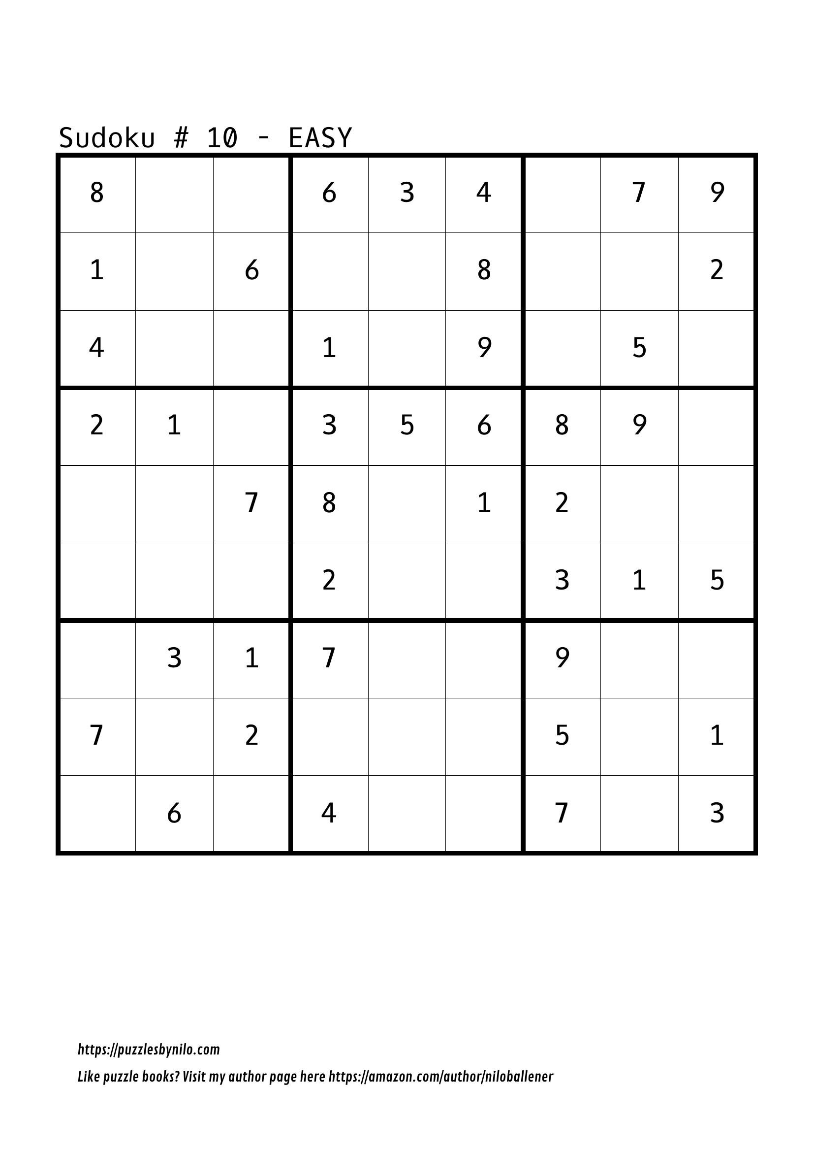 Free Downloadable Sudoku Puzzle Easy 10 Puzzles By Nilo