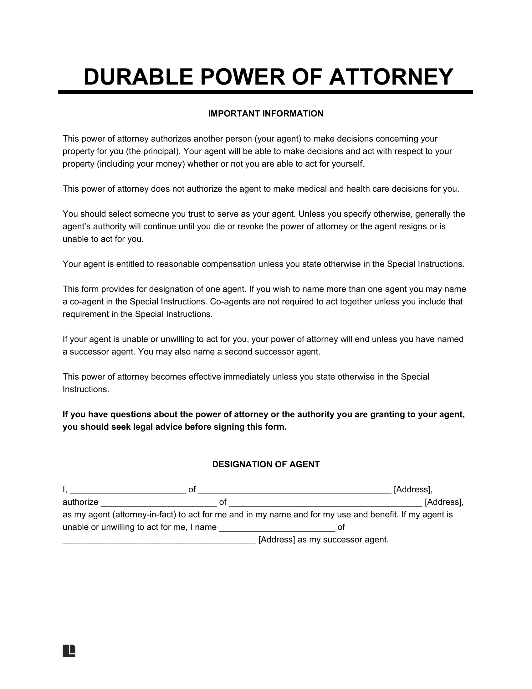 Free Durable Power Of Attorney Form PDF U0026 Word