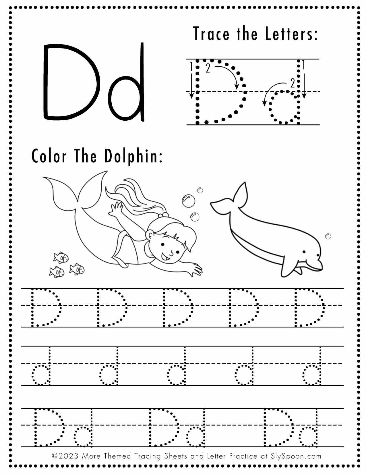 Free Letter D Tracing Worksheets Printable Mermaid Themed Sly 