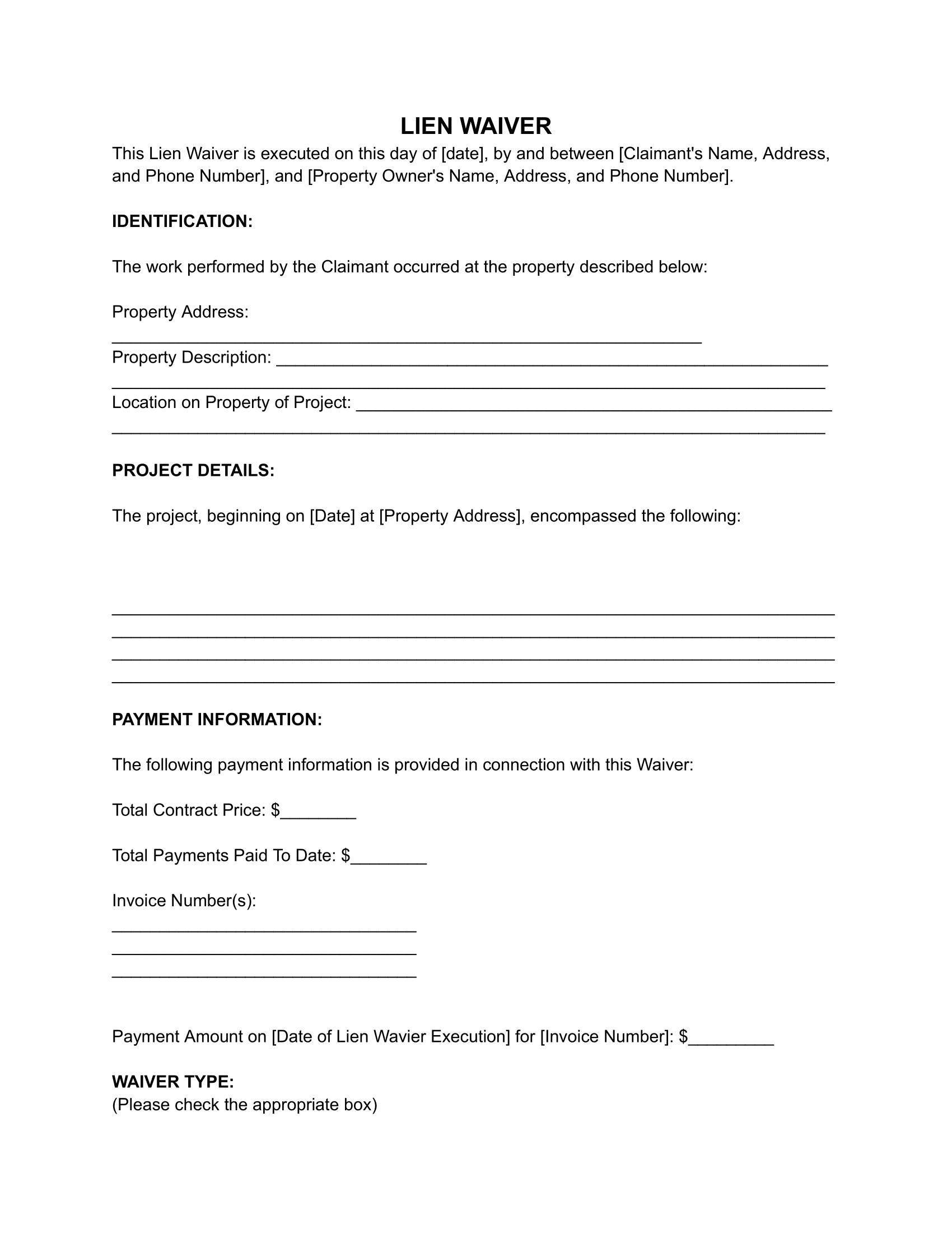 Free Lien Waiver Form for Contractors PDF U0026 Word