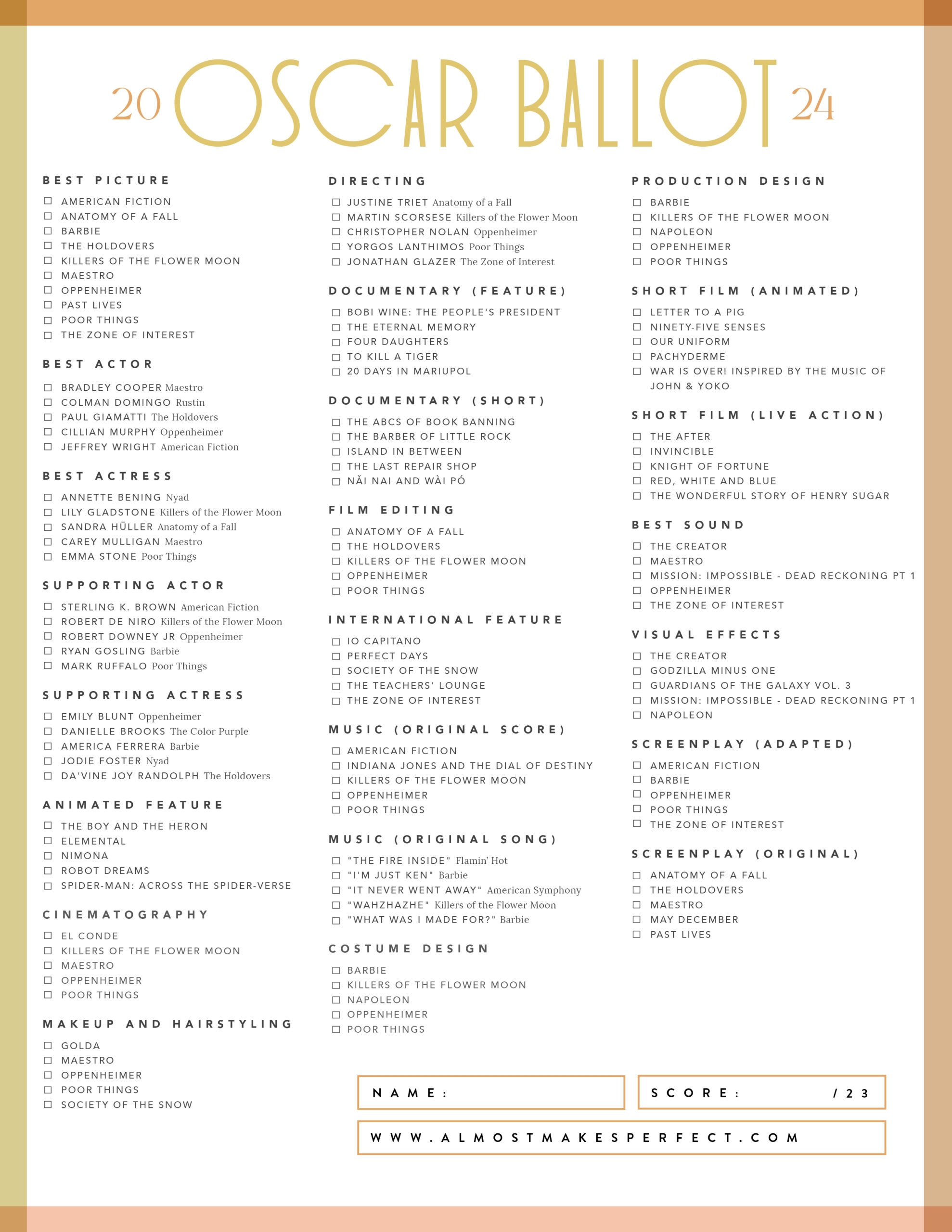 Free Printable 2024 Oscar Ballots