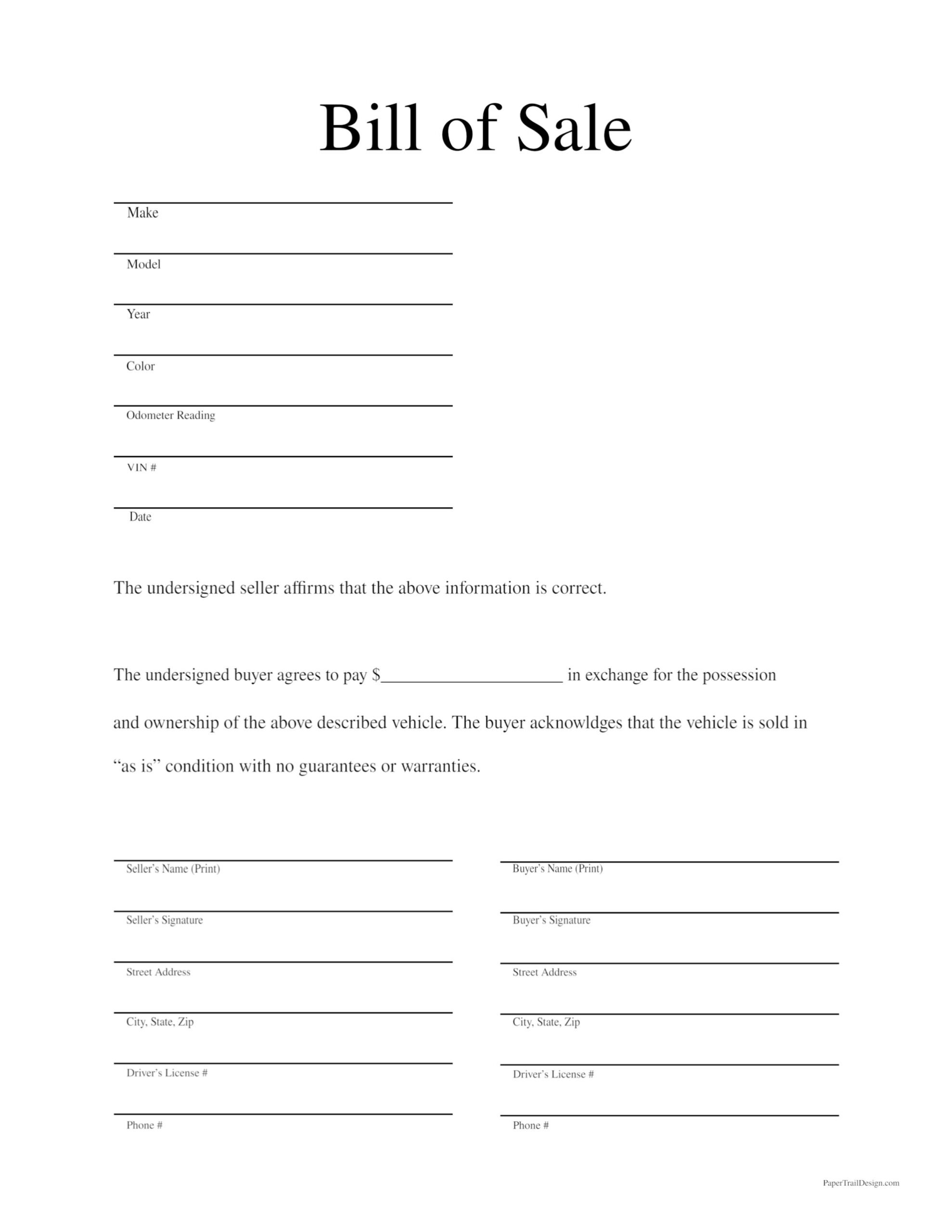 bill of sale form printable free