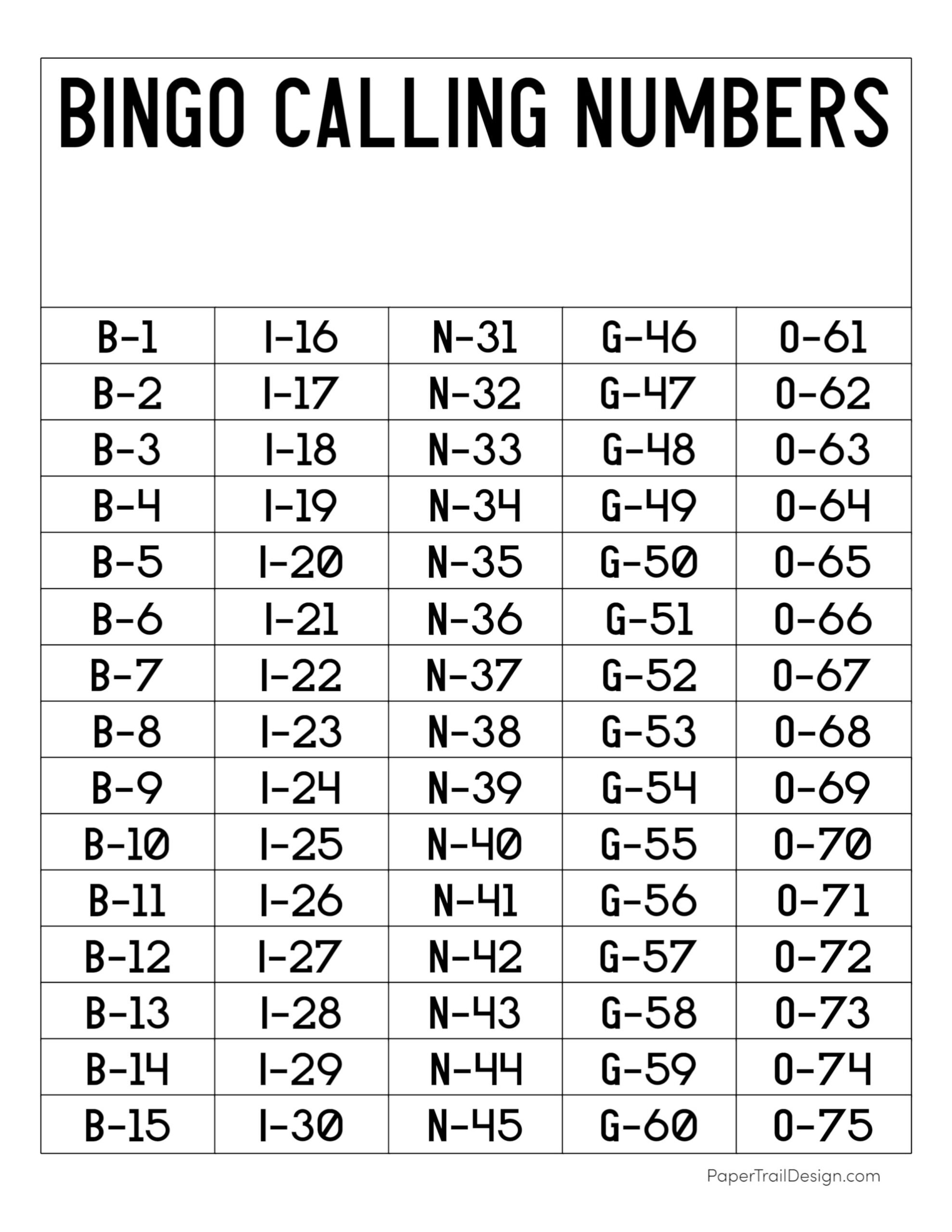 bingo printable numbers