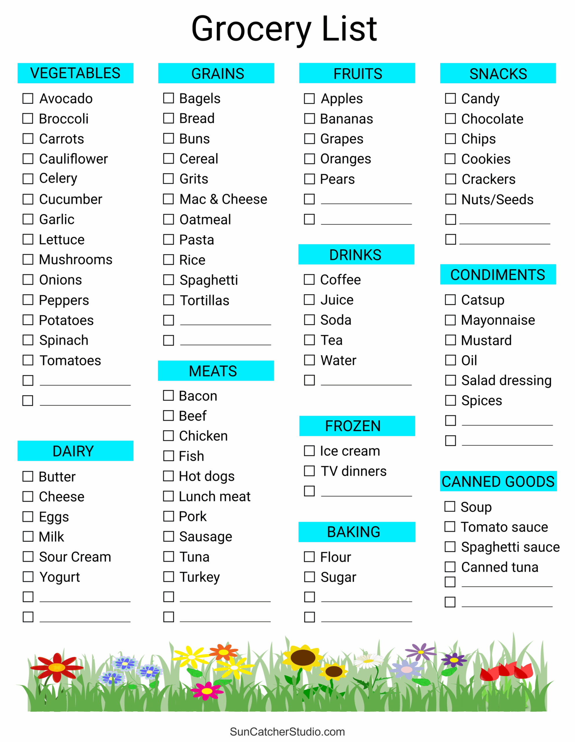shopping list categories printable