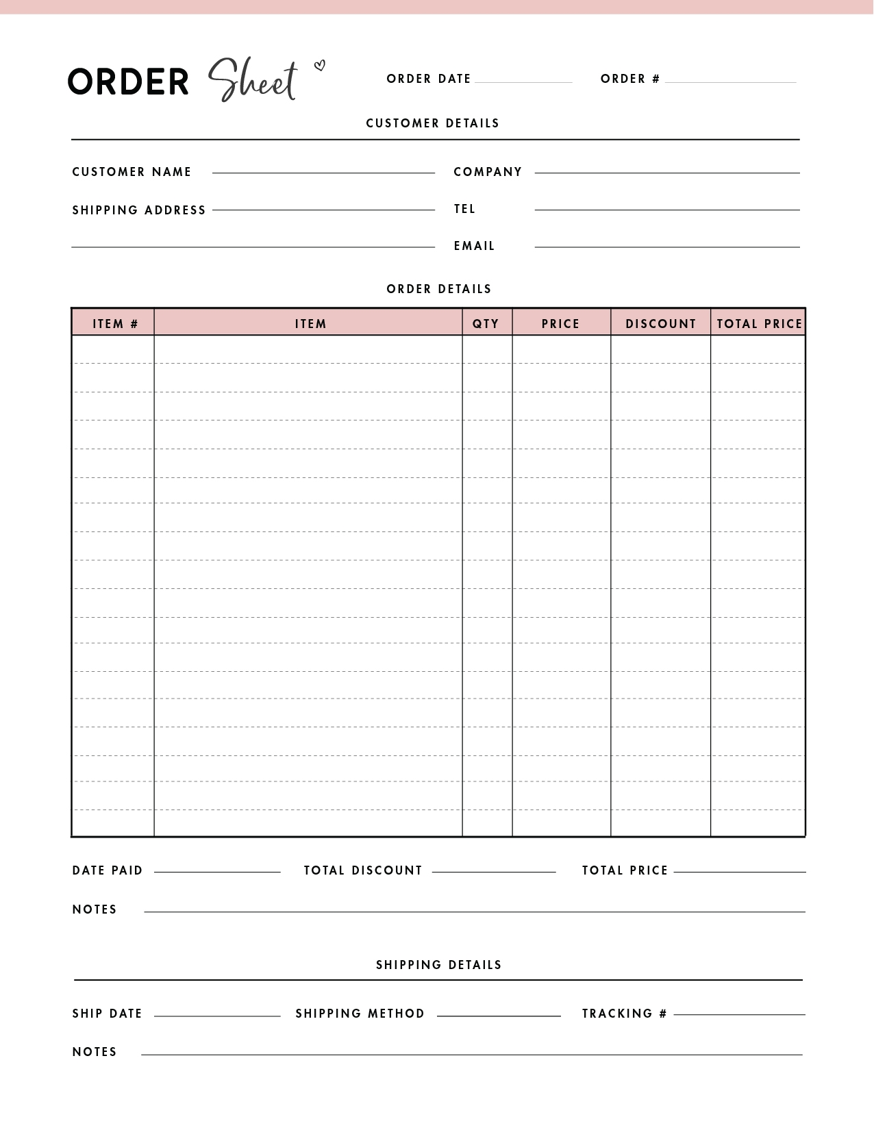 printable order sheets