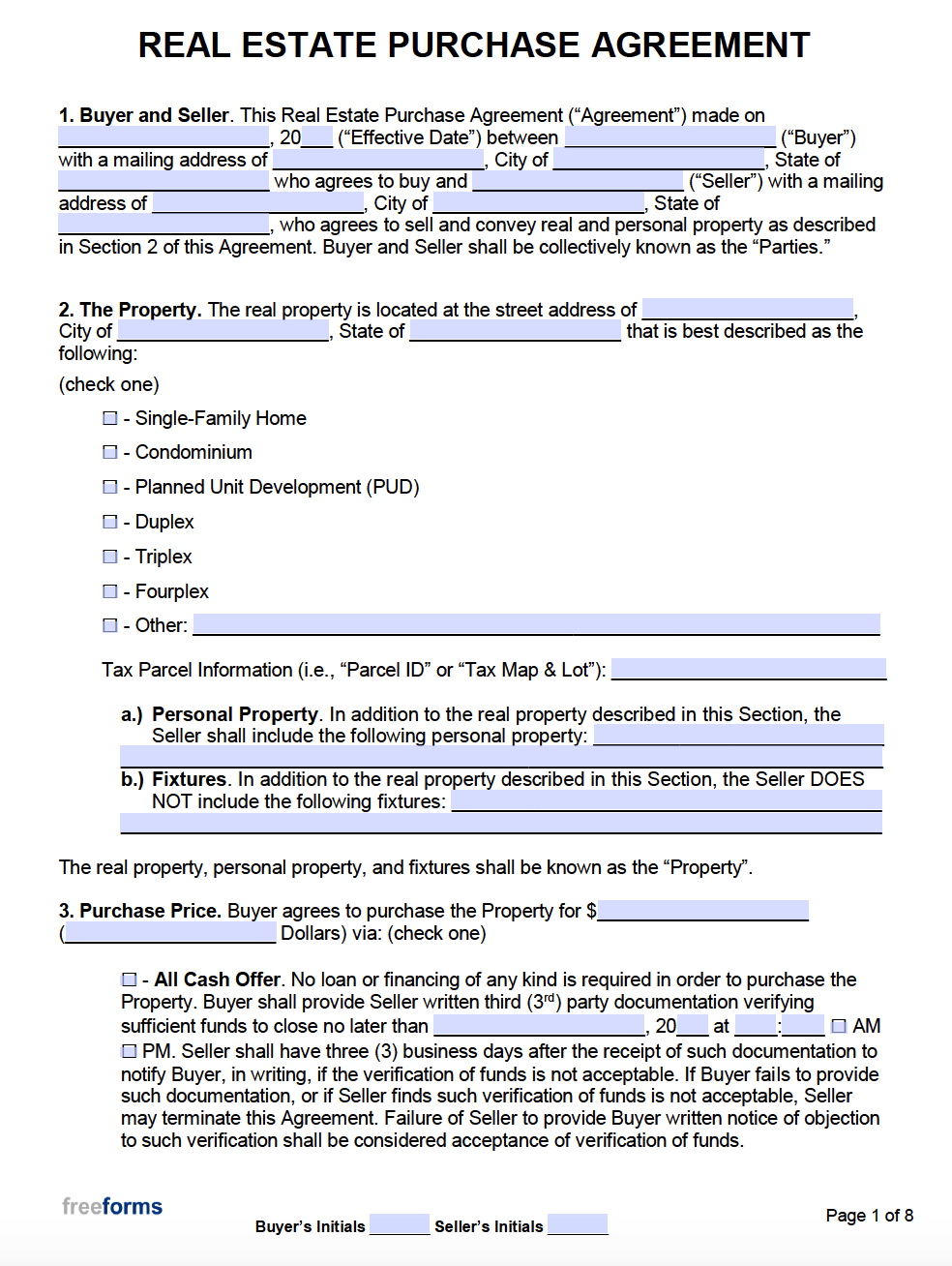 Free Real Estate Purchase Agreements PDF Word