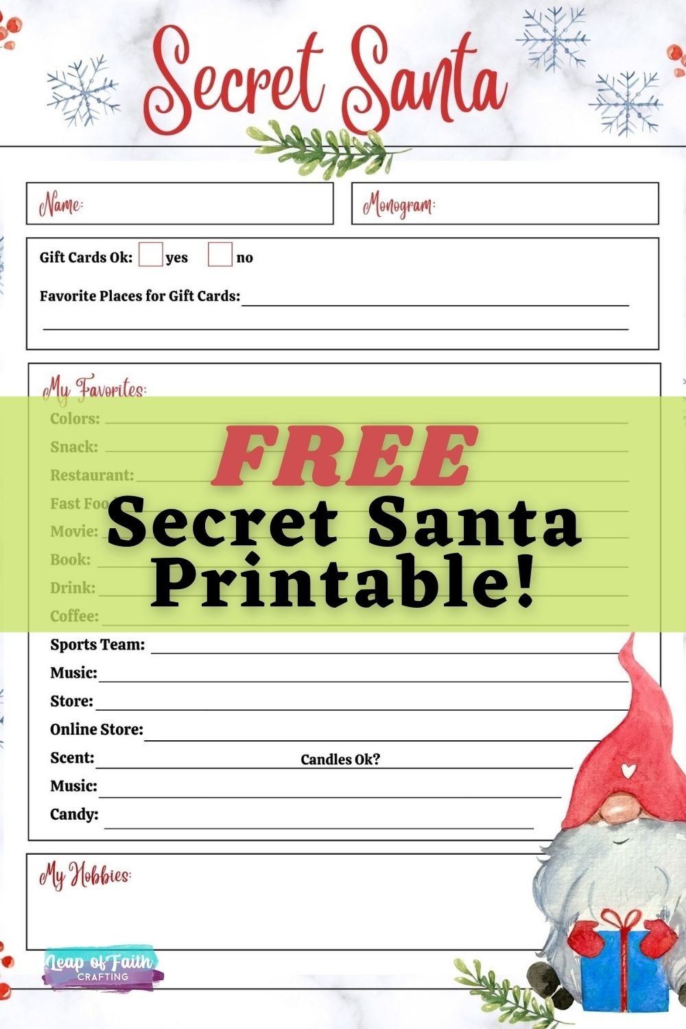 FREE Secret Santa List Printable Questionnaire 2 Options Leap 