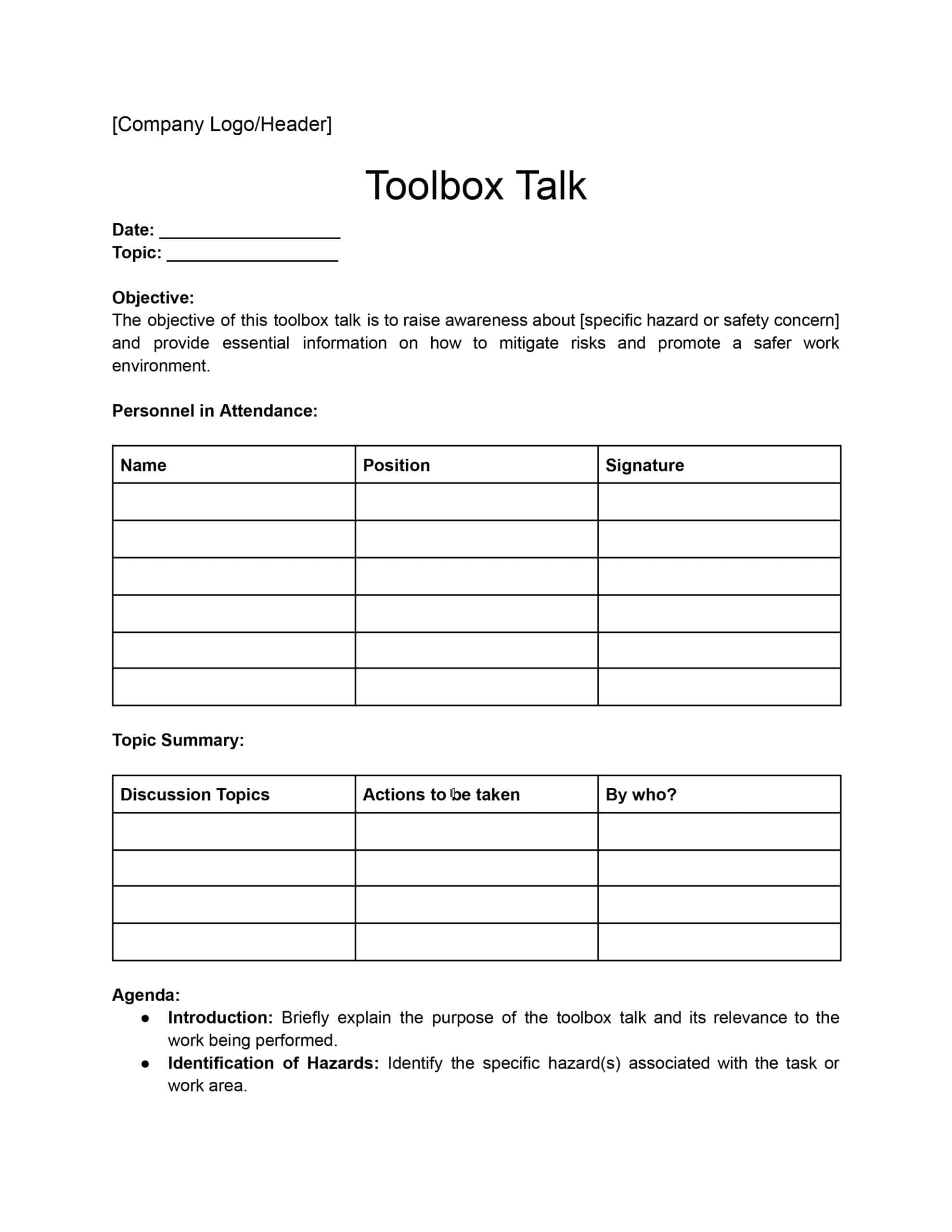 Free Toolbox Talk Templates Download Print In PDF Office GDocs