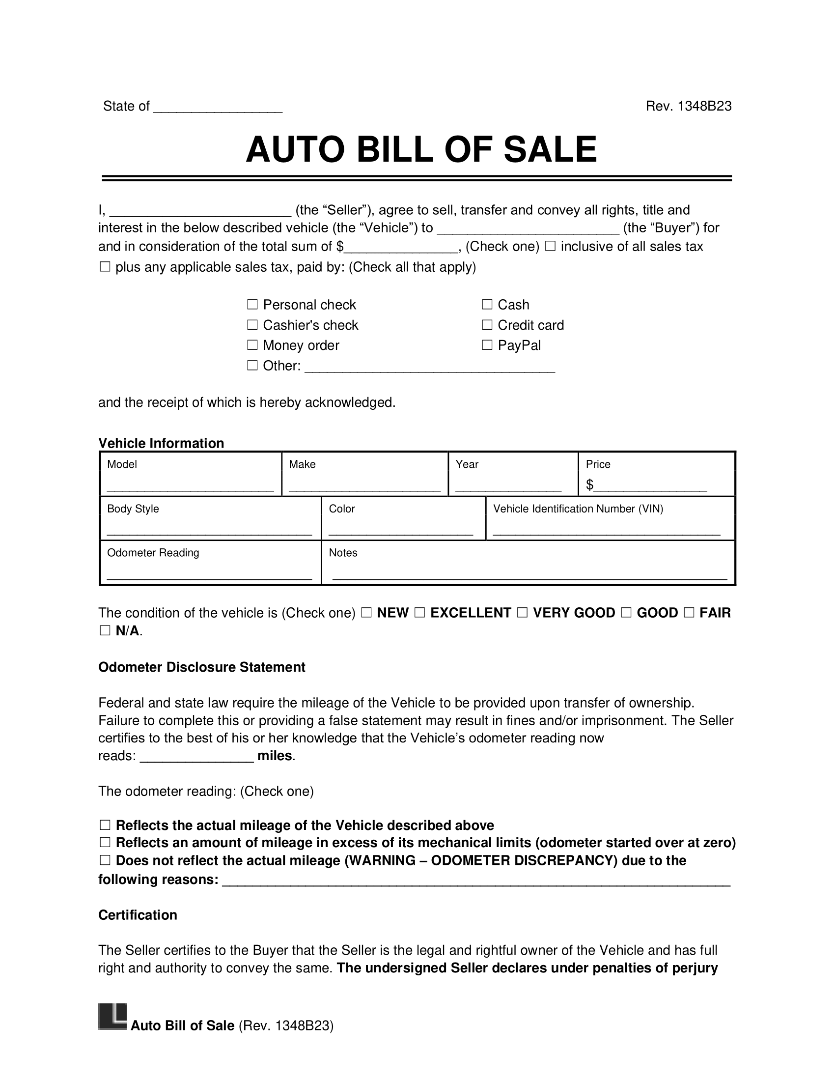 printable bill of sale car