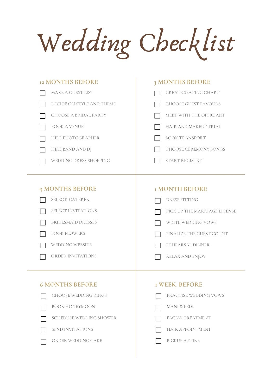 Free Wedding Checklist Templates To Edit And Print Canva Worksheets Library