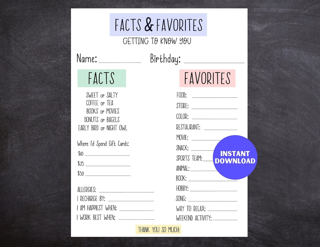Get To Know You Printable Questionnaire Employee U0026 Teacher Favorites PDF Etsy