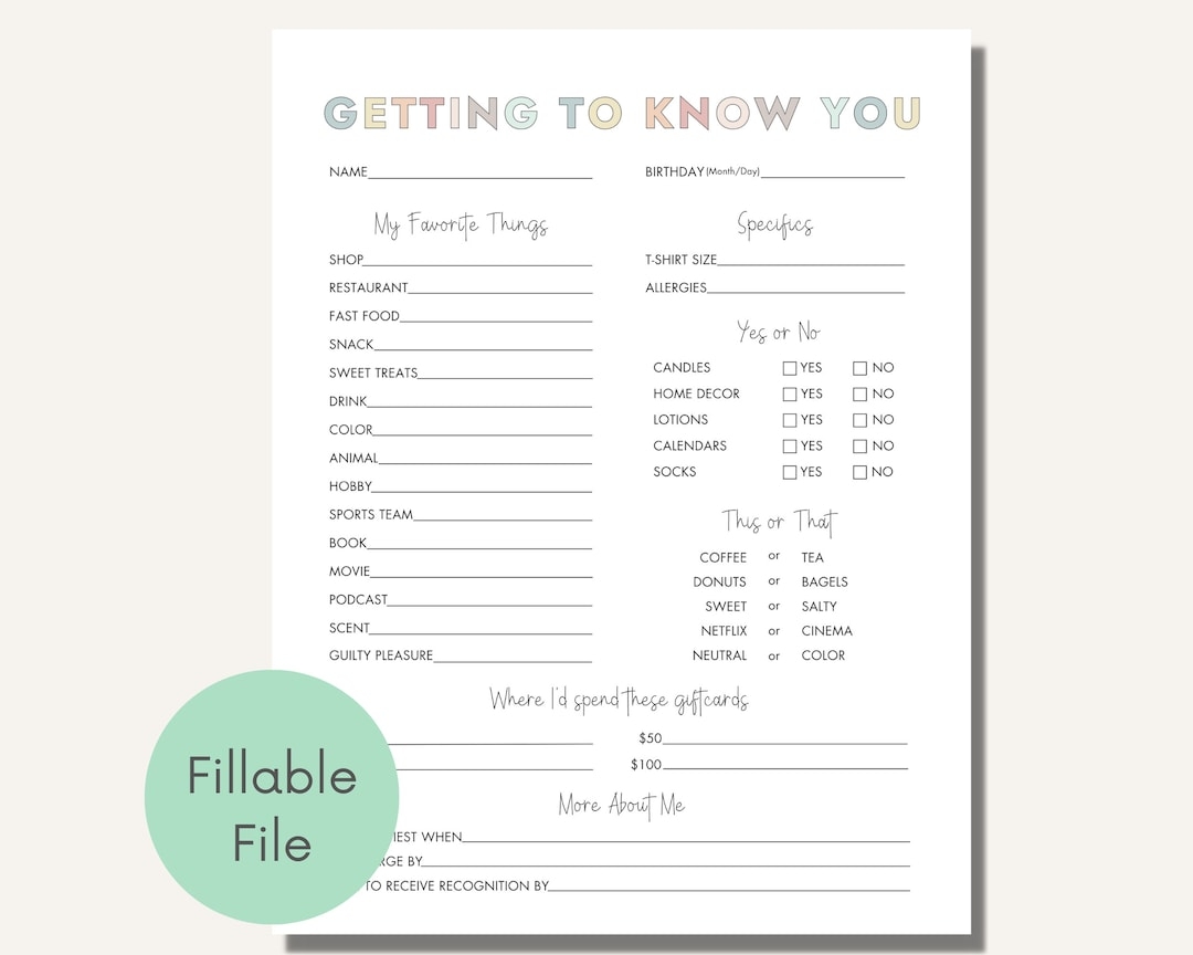 Getting To Know You Editable Printable Coworker Questions All About Me Survey Employee Favorite Things Appreciation Gift Exchange Team Etsy