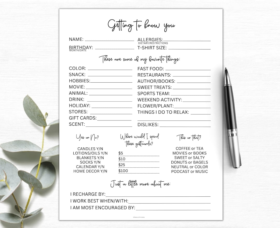 Getting To Know You Printable Coworker Questions All About Me Survey Employee Favorite Things Survey Get To Know My Team Survey Etsy UK