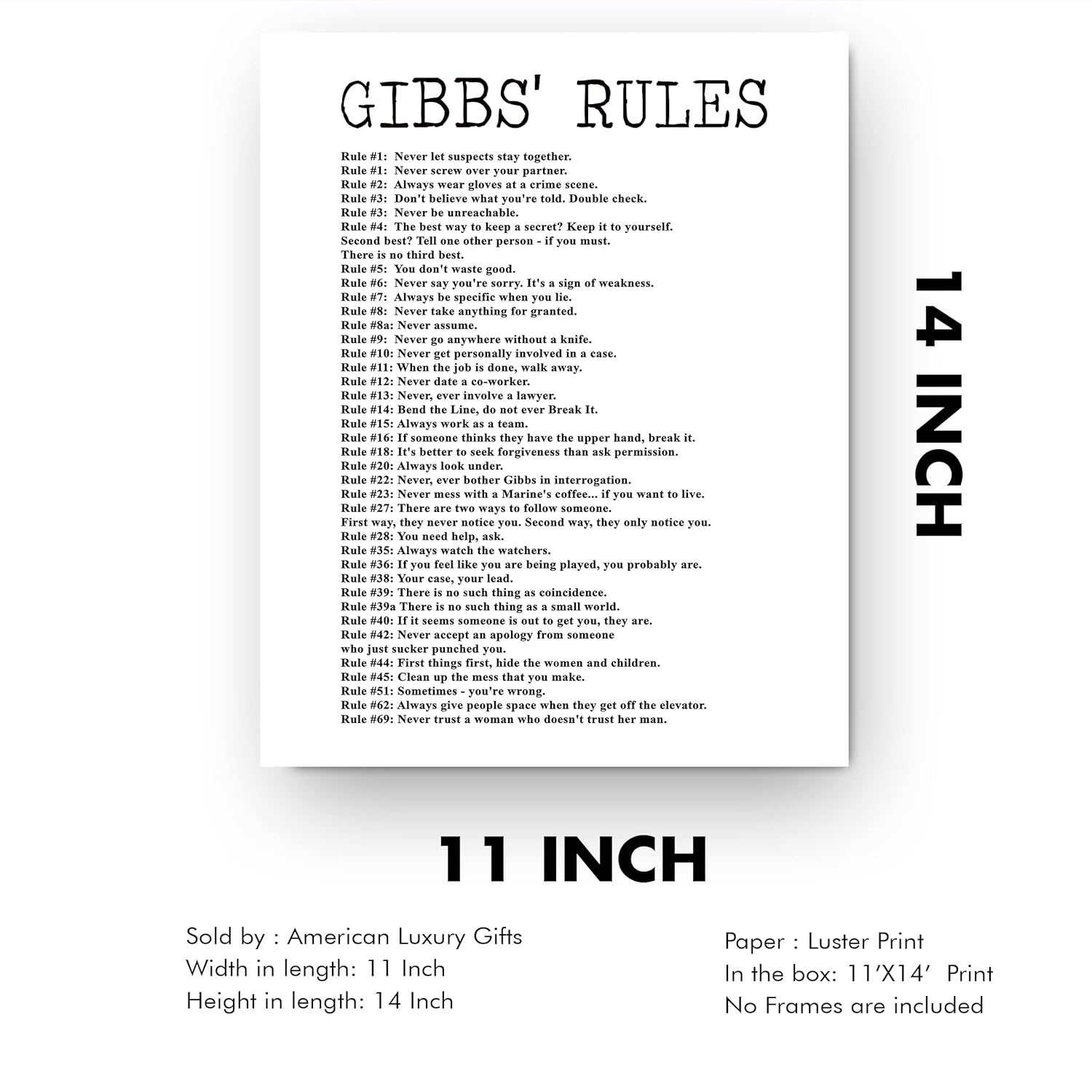 Gibbs Rules Funny Wall Art Print For Home Italy Ubuy